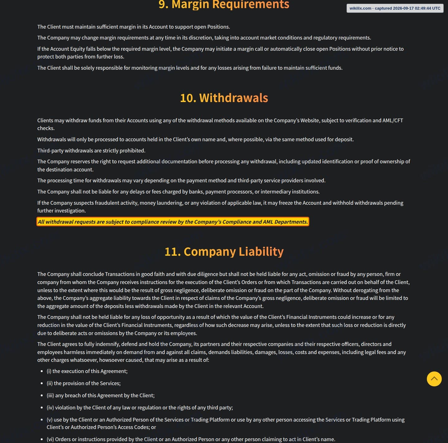 Our full page screenshot of the page this clause sits on, on IS6FX's site is6.com, taken on Sep 17, 2026. The quoted words are marked in the image.