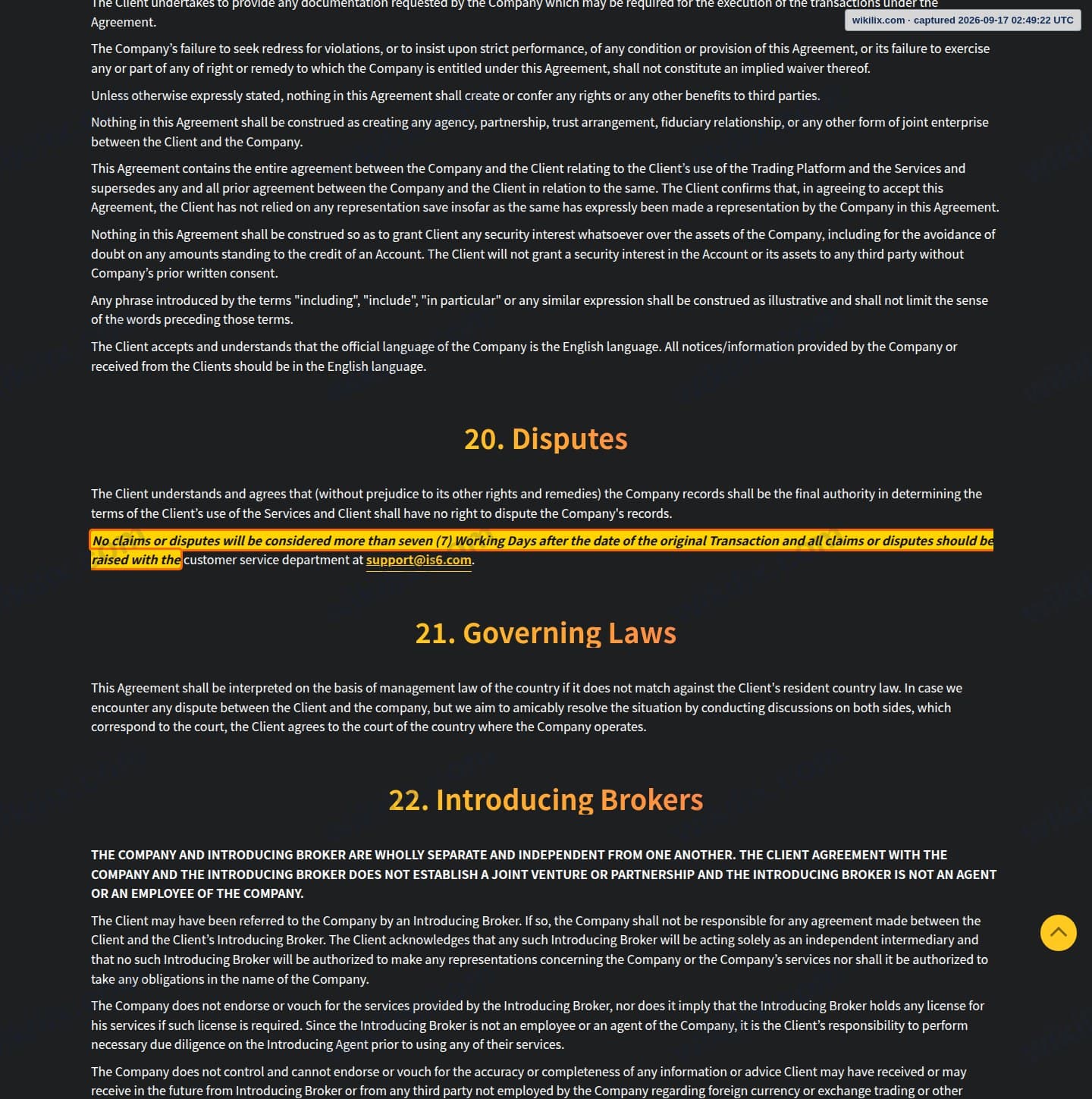 Our full page screenshot of the page this clause sits on, on IS6FX's site is6.com, taken on Sep 17, 2026. The quoted words are marked in the image.