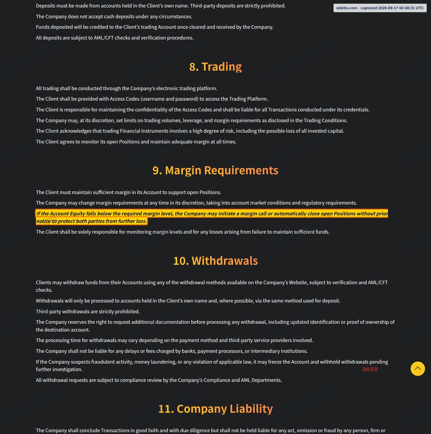 Our full page screenshot of the page this clause sits on, on IS6FX's site is6.com, taken on Sep 17, 2026. The quoted words are marked in the image.