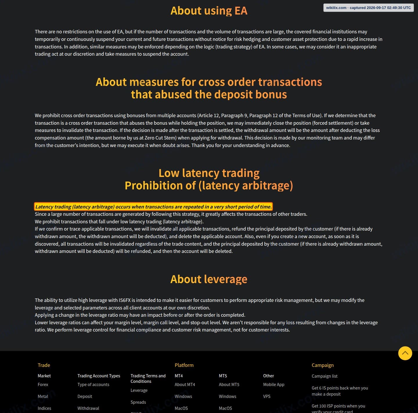 Our full page screenshot of the page this clause sits on, on IS6FX's site is6.com, taken on Sep 17, 2026. The quoted words are marked in the image.