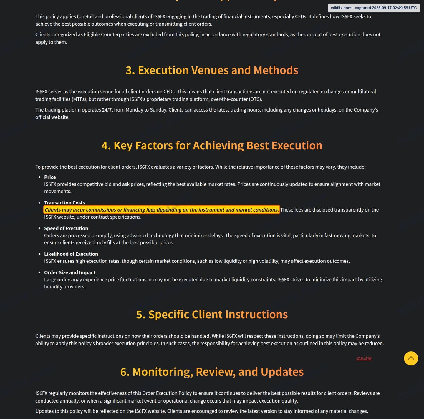 Our full page screenshot of the page this clause sits on, on IS6FX's site is6.com, taken on Sep 17, 2026. The quoted words are marked in the image.