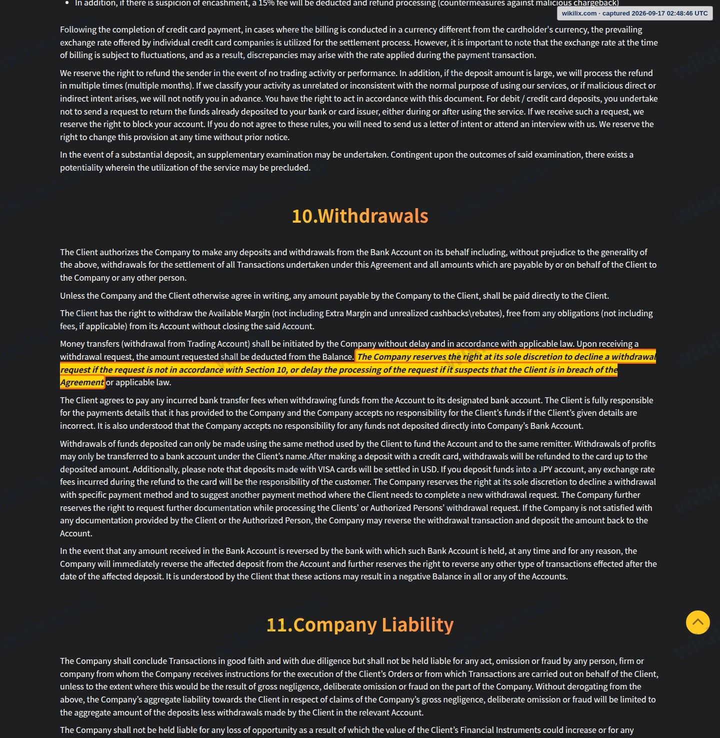 Our full page screenshot of the page this clause sits on, on IS6FX's site is6.com, taken on Sep 17, 2026. The quoted words are marked in the image.
