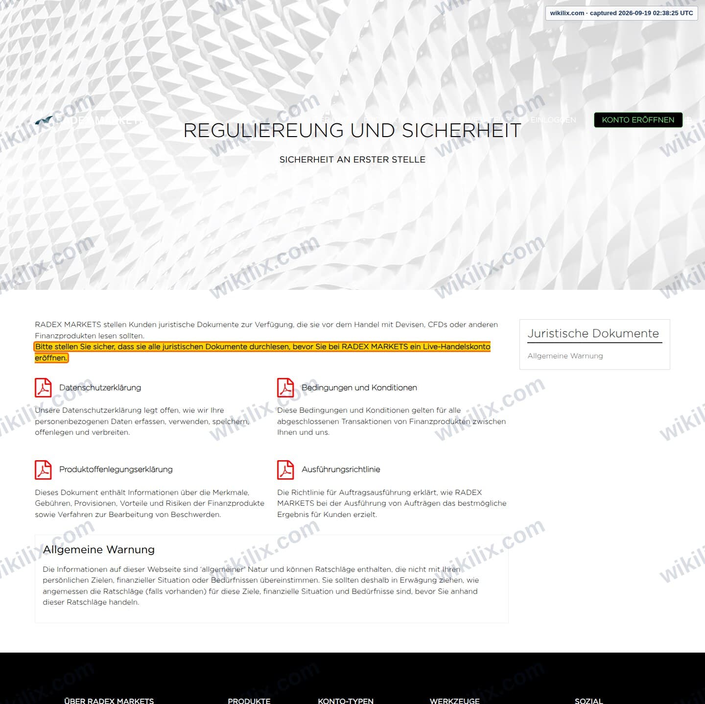 Our full page screenshot of the page that makes this promise, on RADEX MARKETS's site radexmarkets.co.uk, taken on Sep 19, 2026. The quoted words are marked in the image.