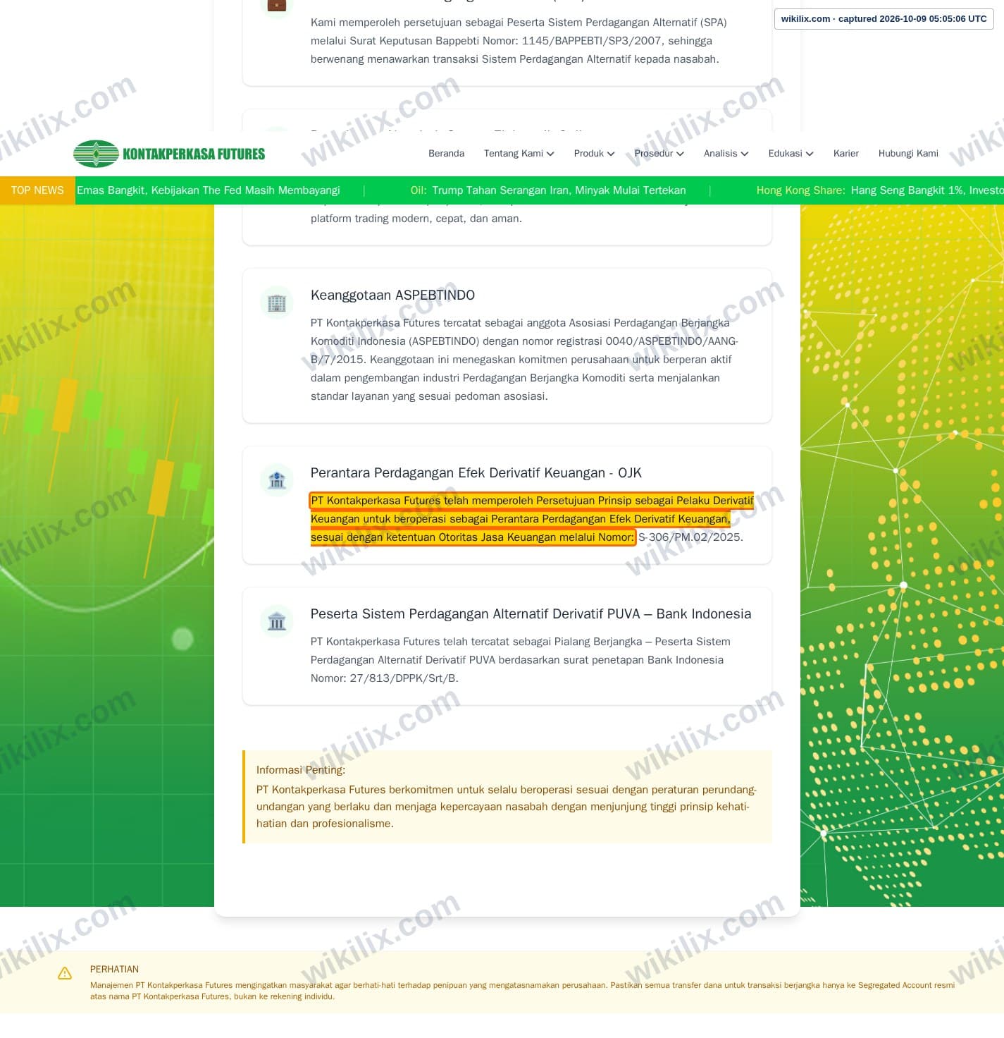Our full page screenshot of the page this clause sits on, on Kontakperkasa Futures's site kp-futures.com, taken on Oct 9, 2026. The quoted words are marked in the image.