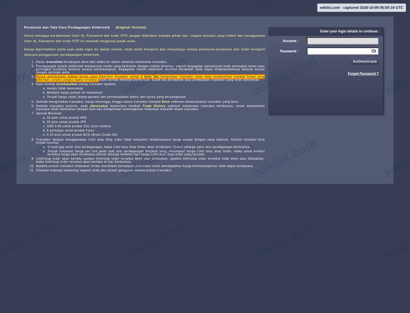Our full page screenshot of the page this clause sits on, on Kontakperkasa Futures's site etrade.kontakperkasafutures.com, taken on Oct 9, 2026. The quoted words are marked in the image.
