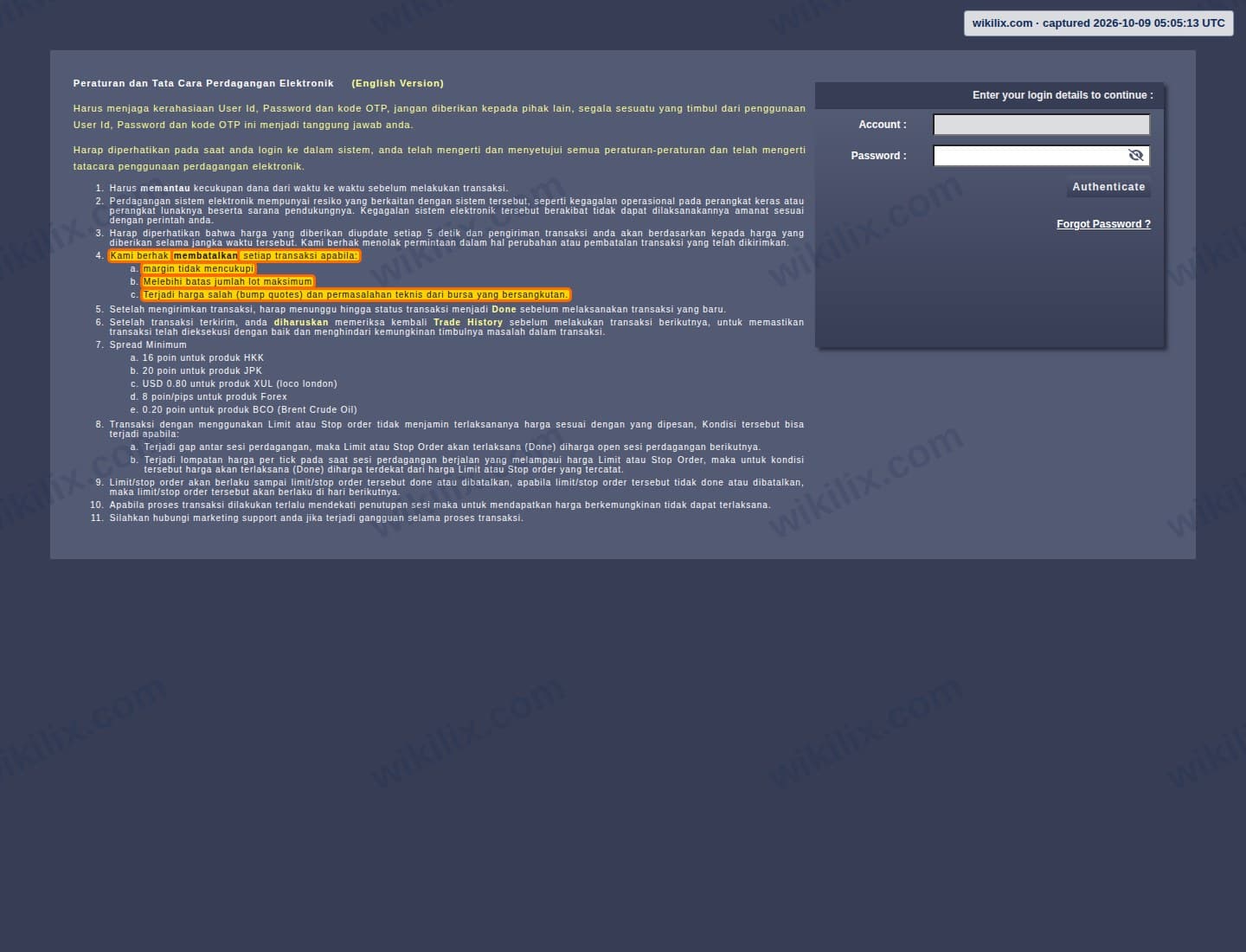 Our full page screenshot of the page this clause sits on, on Kontakperkasa Futures's site etrade.kontakperkasafutures.com, taken on Oct 9, 2026. The quoted words are marked in the image.