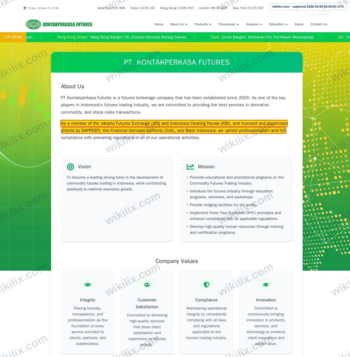 Our full page screenshot of the page that makes this promise, on Kontakperkasa Futures's site kp-futures.com, taken on Oct 9, 2026. The quoted words are marked in the image.