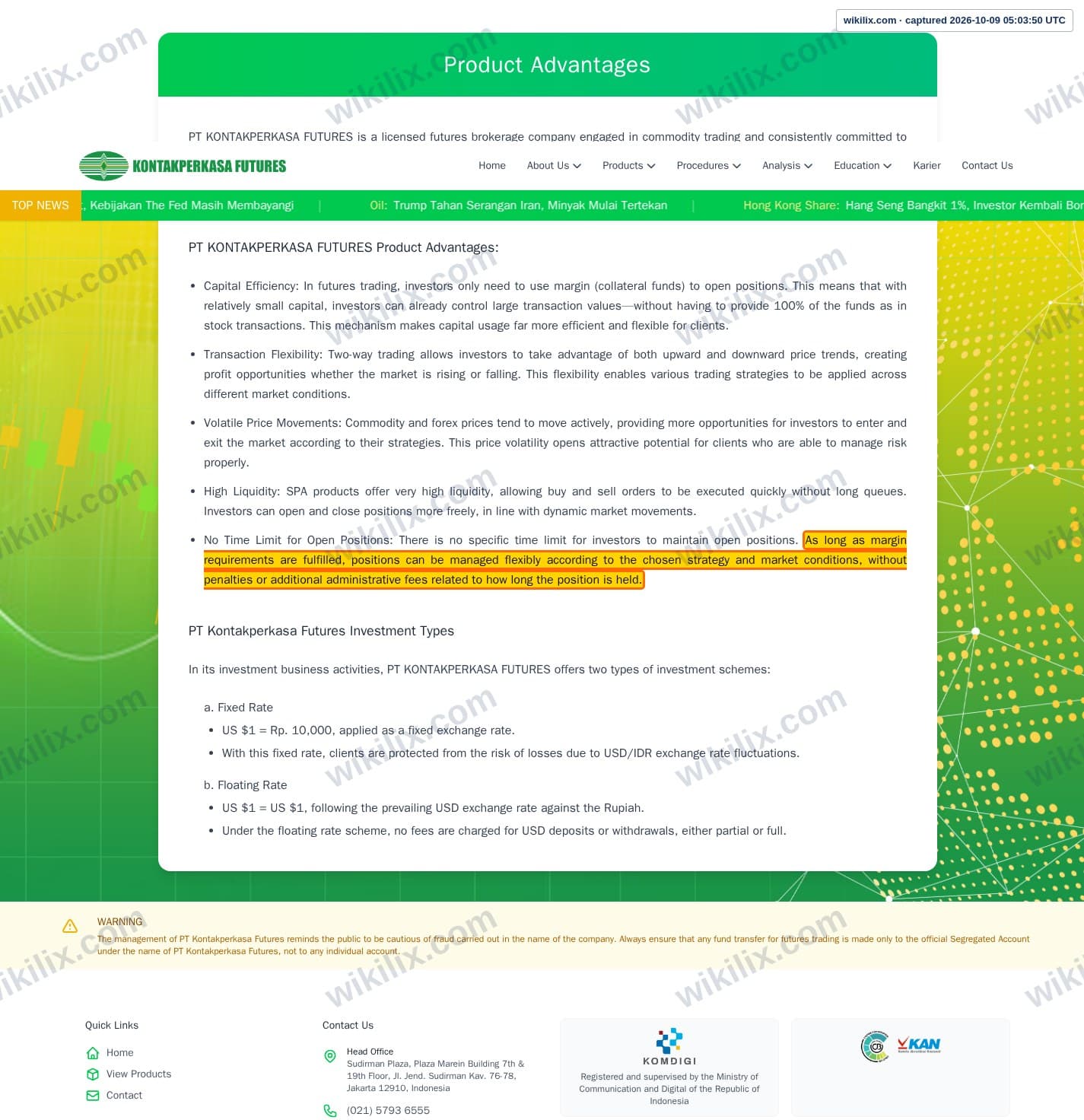Our full page screenshot of the page that makes this promise, on Kontakperkasa Futures's site kp-futures.com, taken on Oct 9, 2026. The quoted words are marked in the image.