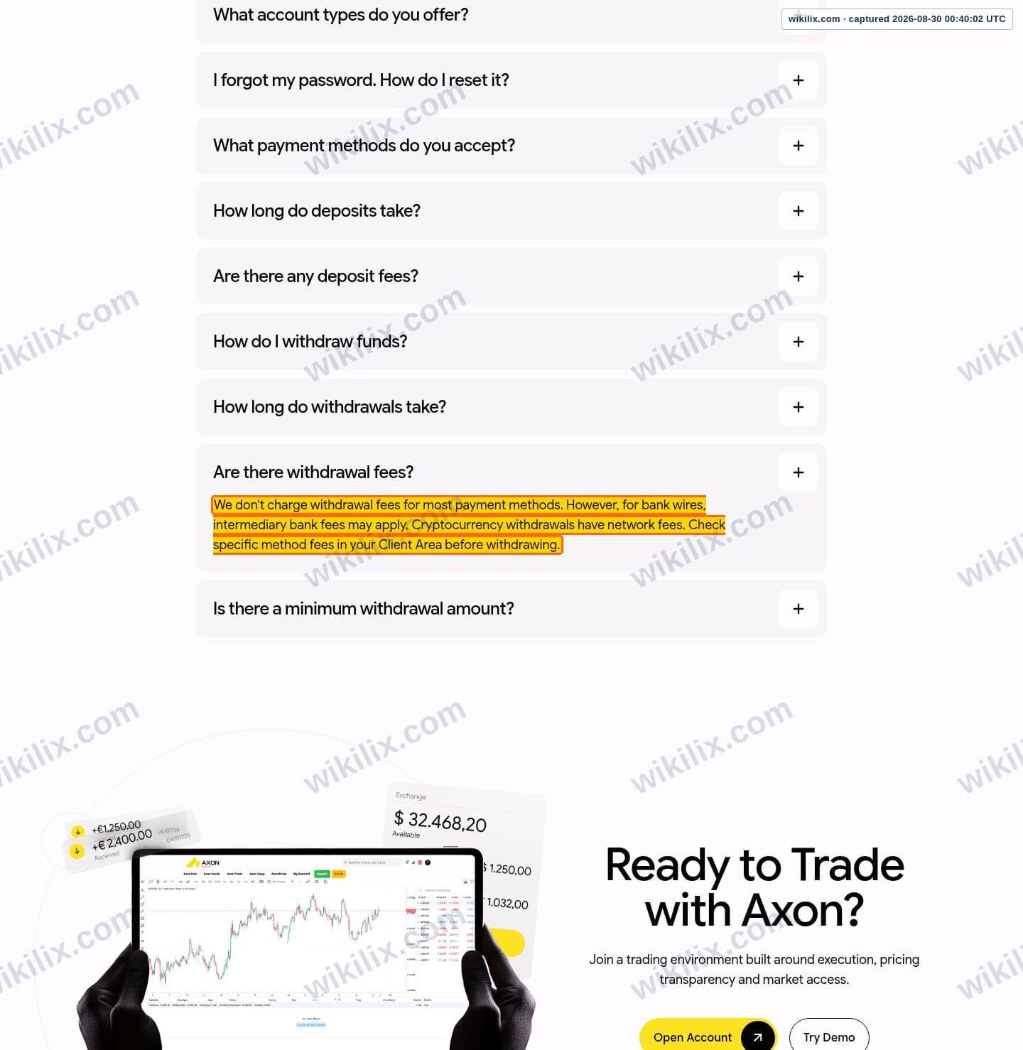 Our full page screenshot of the page that makes this promise, on Axon Markets's site axonmarkets.com, taken on Aug 30, 2026. The quoted words are marked in the image.