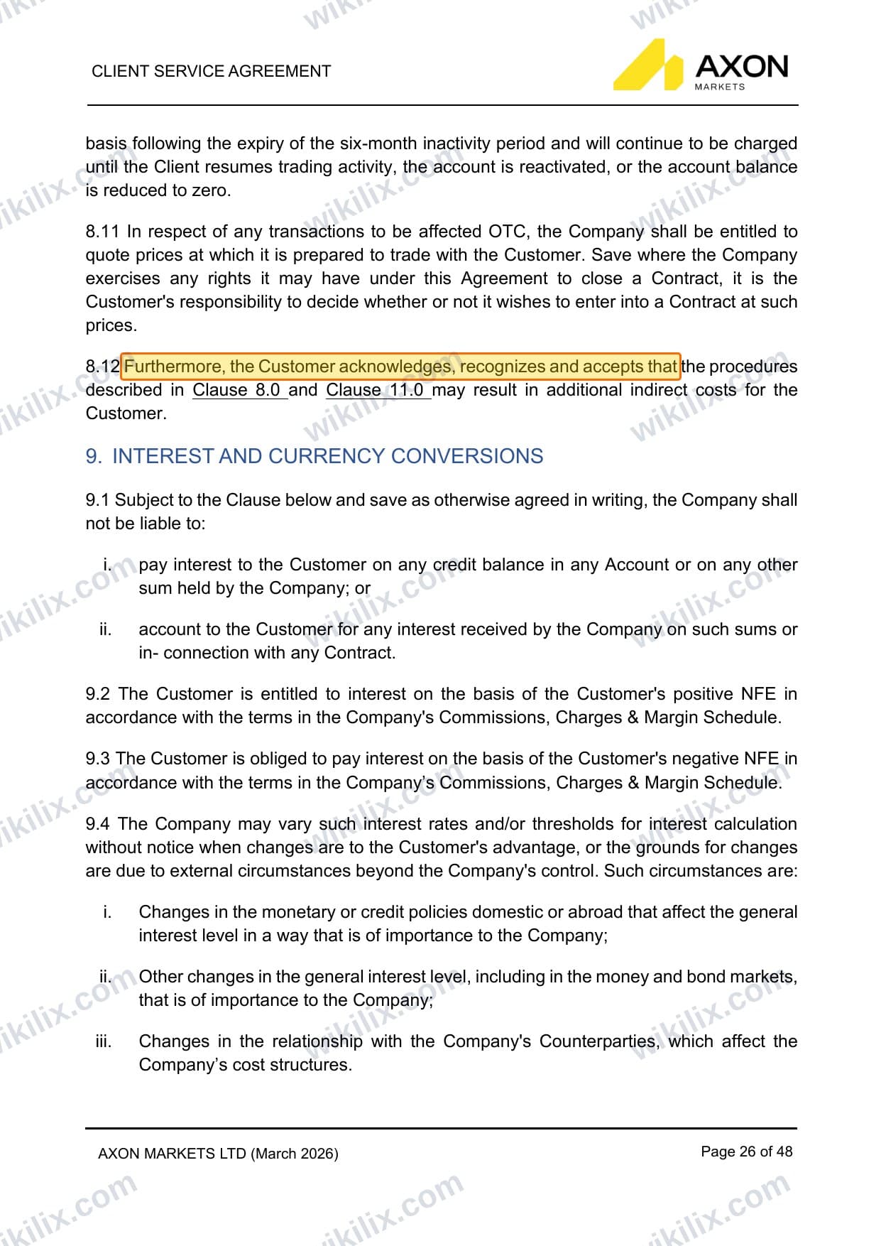Our full page screenshot of the page this clause sits on, on Axon Markets's site axonmarkets.com, taken on Aug 30, 2026. The quoted words are marked in the image.