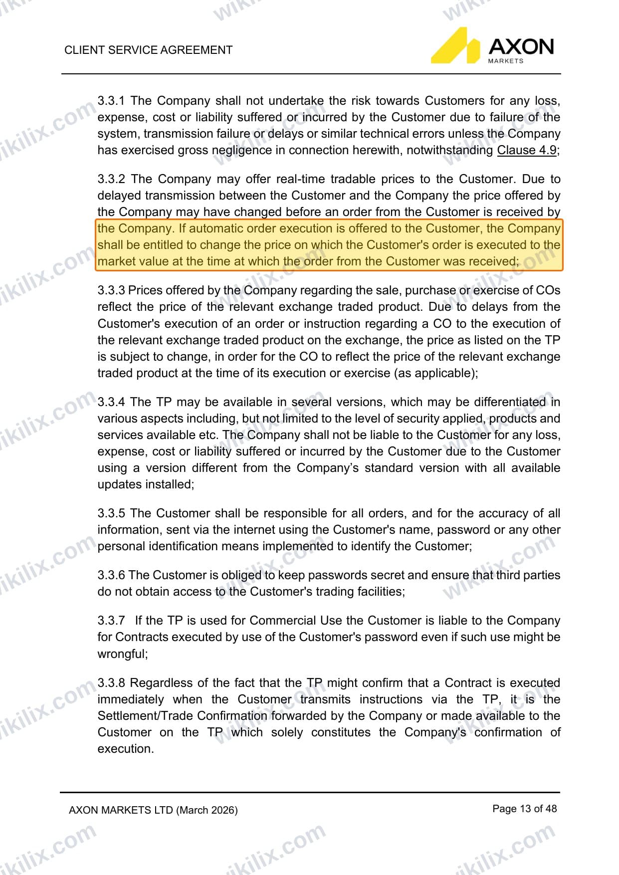 Our full page screenshot of the page this clause sits on, on Axon Markets's site axonmarkets.com, taken on Aug 30, 2026. The quoted words are marked in the image.