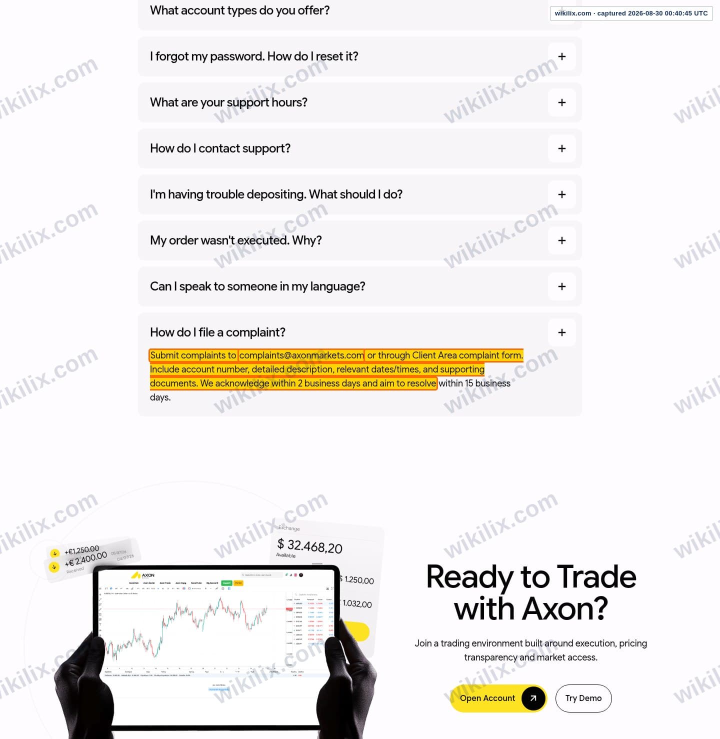 Our full page screenshot of the page that makes this promise, on Axon Markets's site axonmarkets.com, taken on Aug 30, 2026. The quoted words are marked in the image.