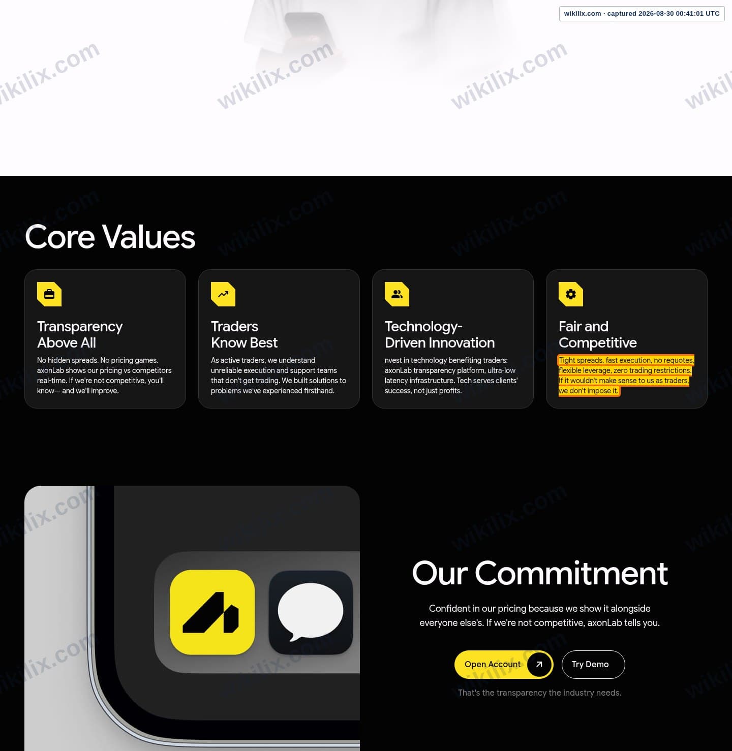 Our full page screenshot of the page that makes this promise, on Axon Markets's site axonmarkets.com, taken on Aug 30, 2026. The quoted words are marked in the image.