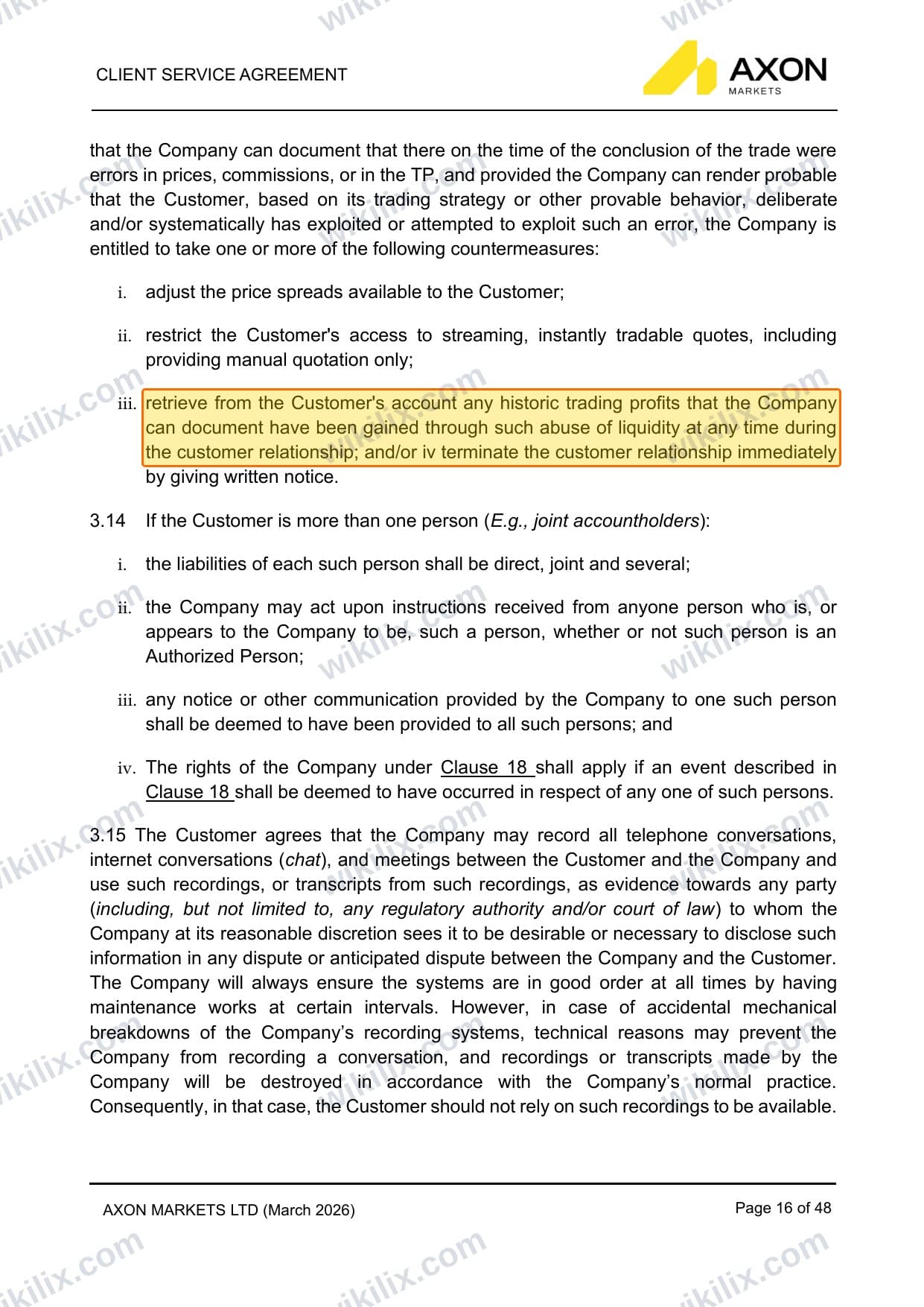 Our full page screenshot of the page this clause sits on, on Axon Markets's site axonmarkets.com, taken on Aug 30, 2026. The quoted words are marked in the image.