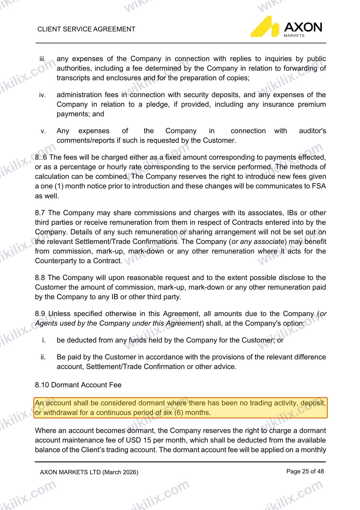 Our full page screenshot of the page this clause sits on, on Axon Markets's site axonmarkets.com, taken on Aug 30, 2026. The quoted words are marked in the image.