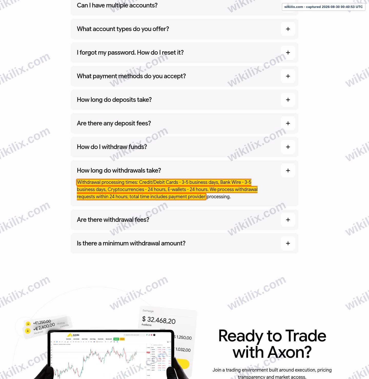 Our full page screenshot of the page that makes this promise, on Axon Markets's site axonmarkets.com, taken on Aug 30, 2026. The quoted words are marked in the image.