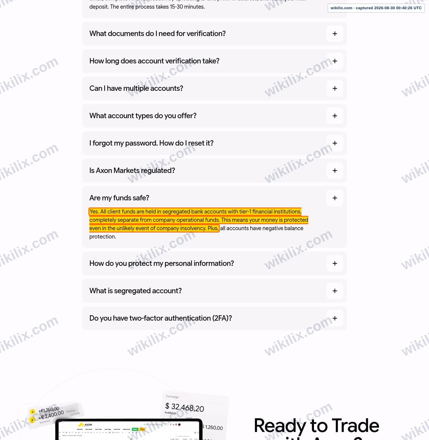 Our full page screenshot of the page that makes this promise, on Axon Markets's site axonmarkets.com, taken on Aug 30, 2026. The quoted words are marked in the image.