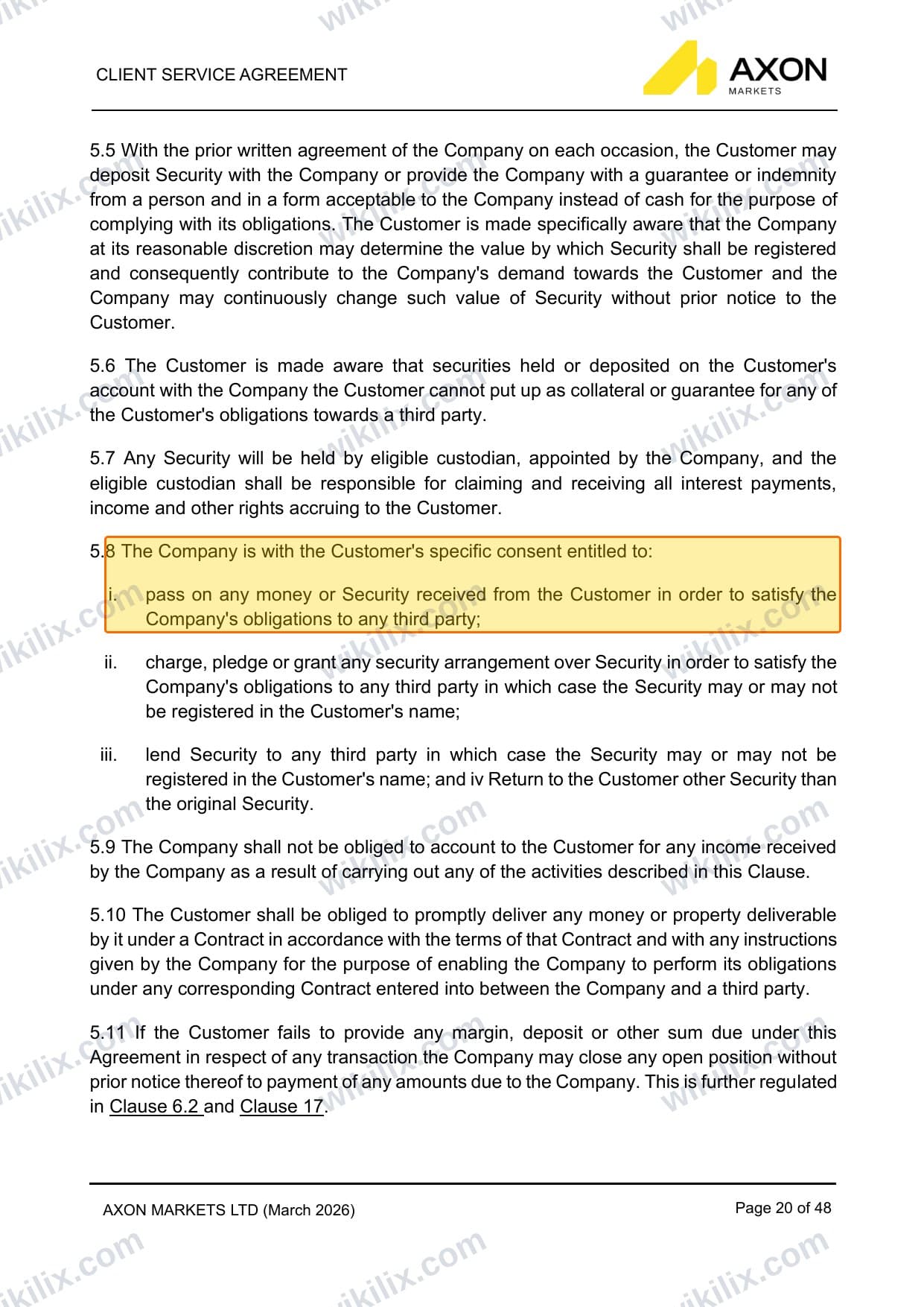 Our full page screenshot of the page this clause sits on, on Axon Markets's site axonmarkets.com, taken on Aug 30, 2026. The quoted words are marked in the image.