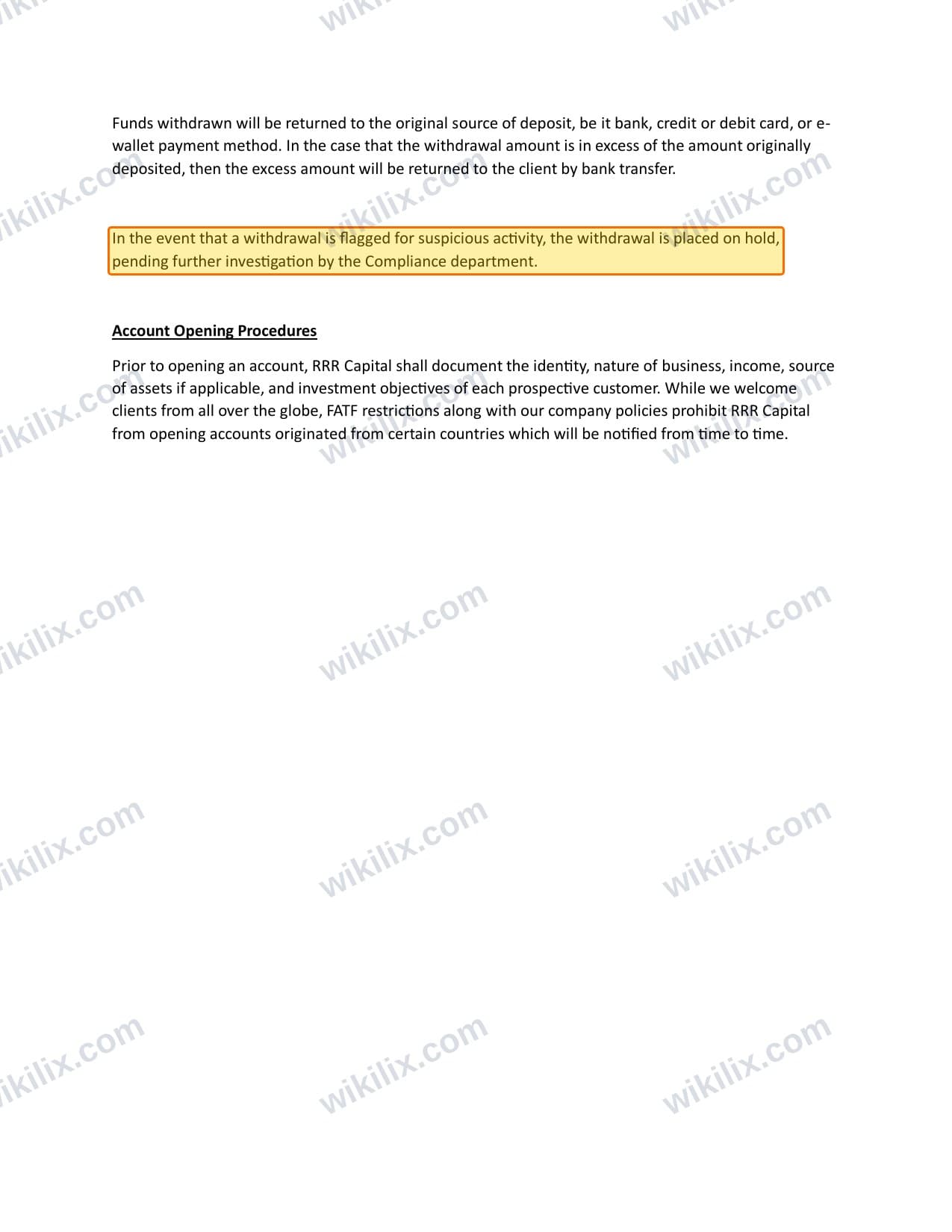 Our full page screenshot of the page this clause sits on, on RRR Capital's site rrrcapital.com, taken on Sep 15, 2026. The quoted words are marked in the image.