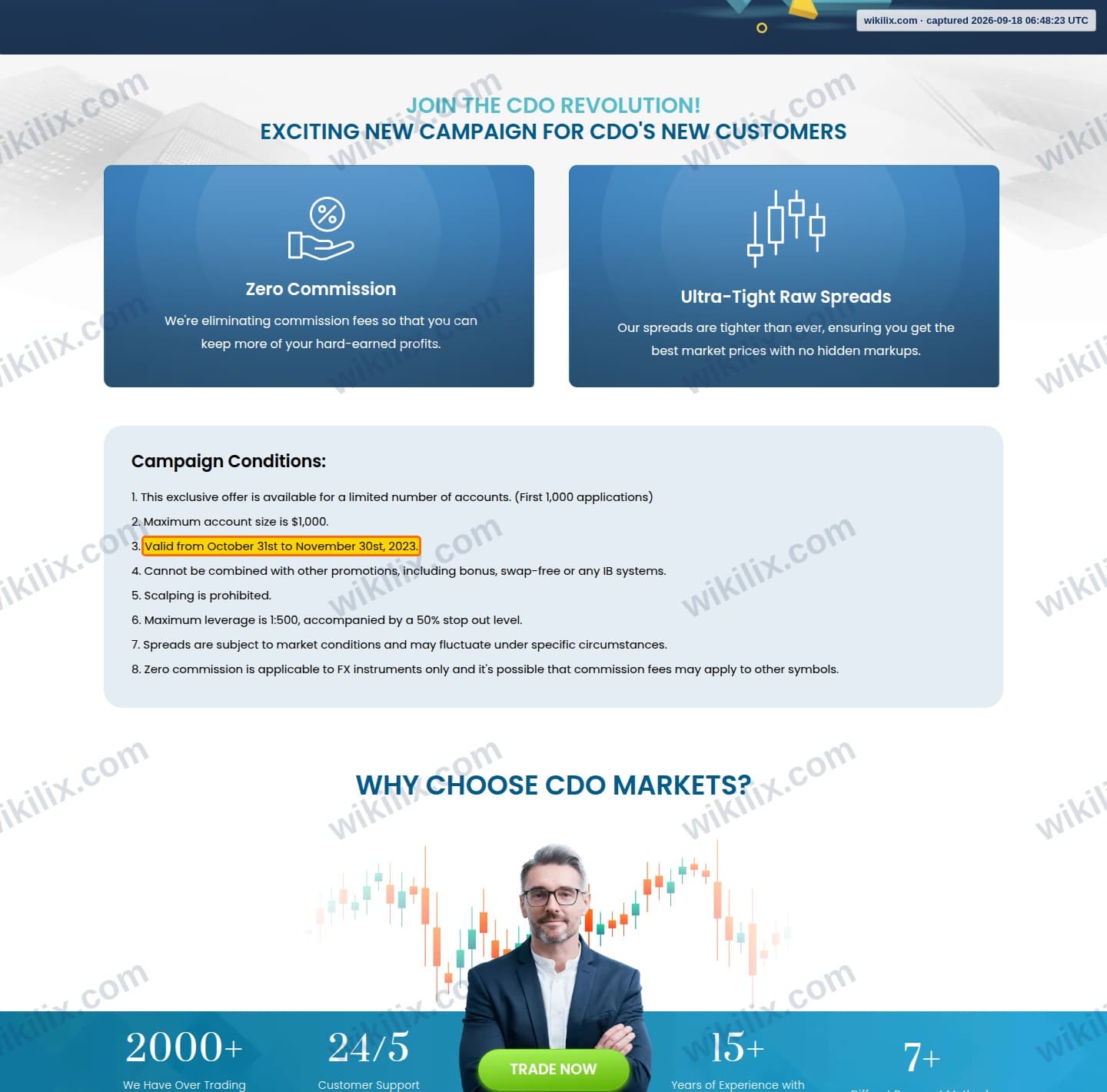 Our full page screenshot of the page this clause sits on, on CDO Markets's site cdomarkets.com, taken on Sep 18, 2026. The quoted words are marked in the image.