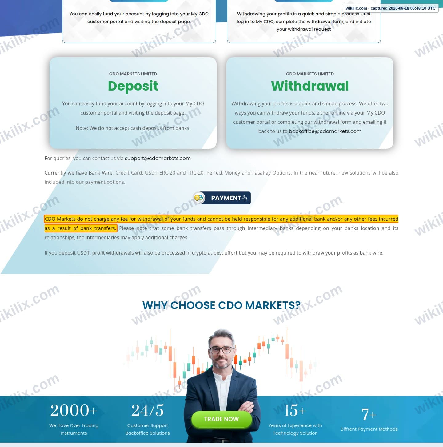 Our full page screenshot of the page that makes this promise, on CDO Markets's site cdomarkets.com, taken on Sep 18, 2026. The quoted words are marked in the image.