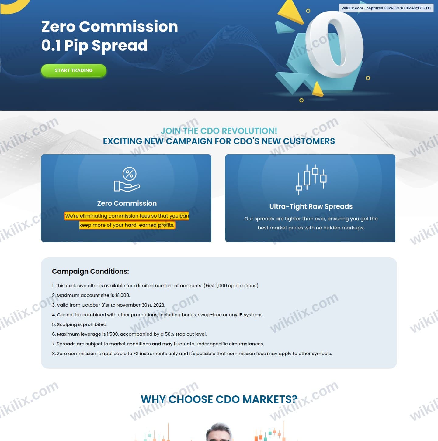 Our full page screenshot of the page that makes this promise, on CDO Markets's site cdomarkets.com, taken on Sep 18, 2026. The quoted words are marked in the image.