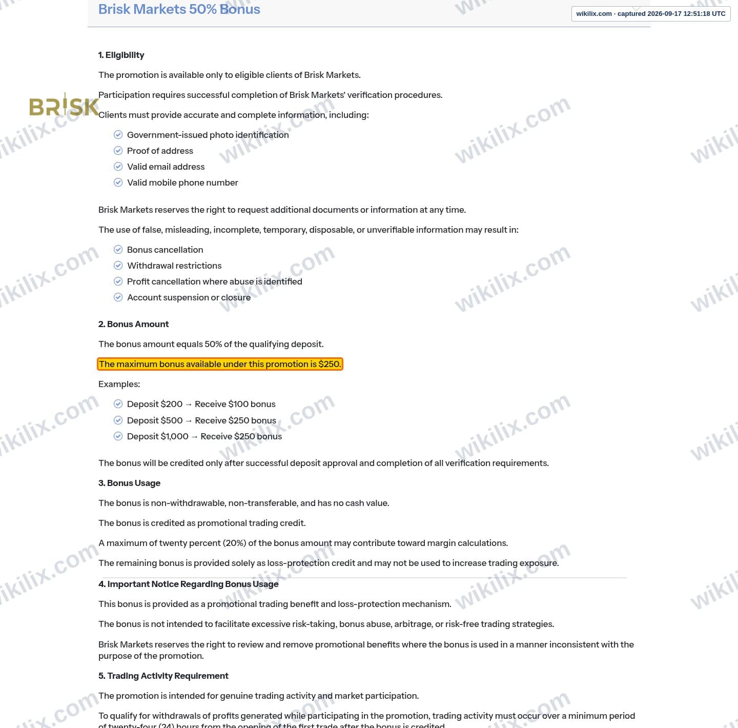 Our full page screenshot of the page this clause sits on, on Brisk Markets's site briskmarkets.com, taken on Sep 17, 2026. The quoted words are marked in the image.