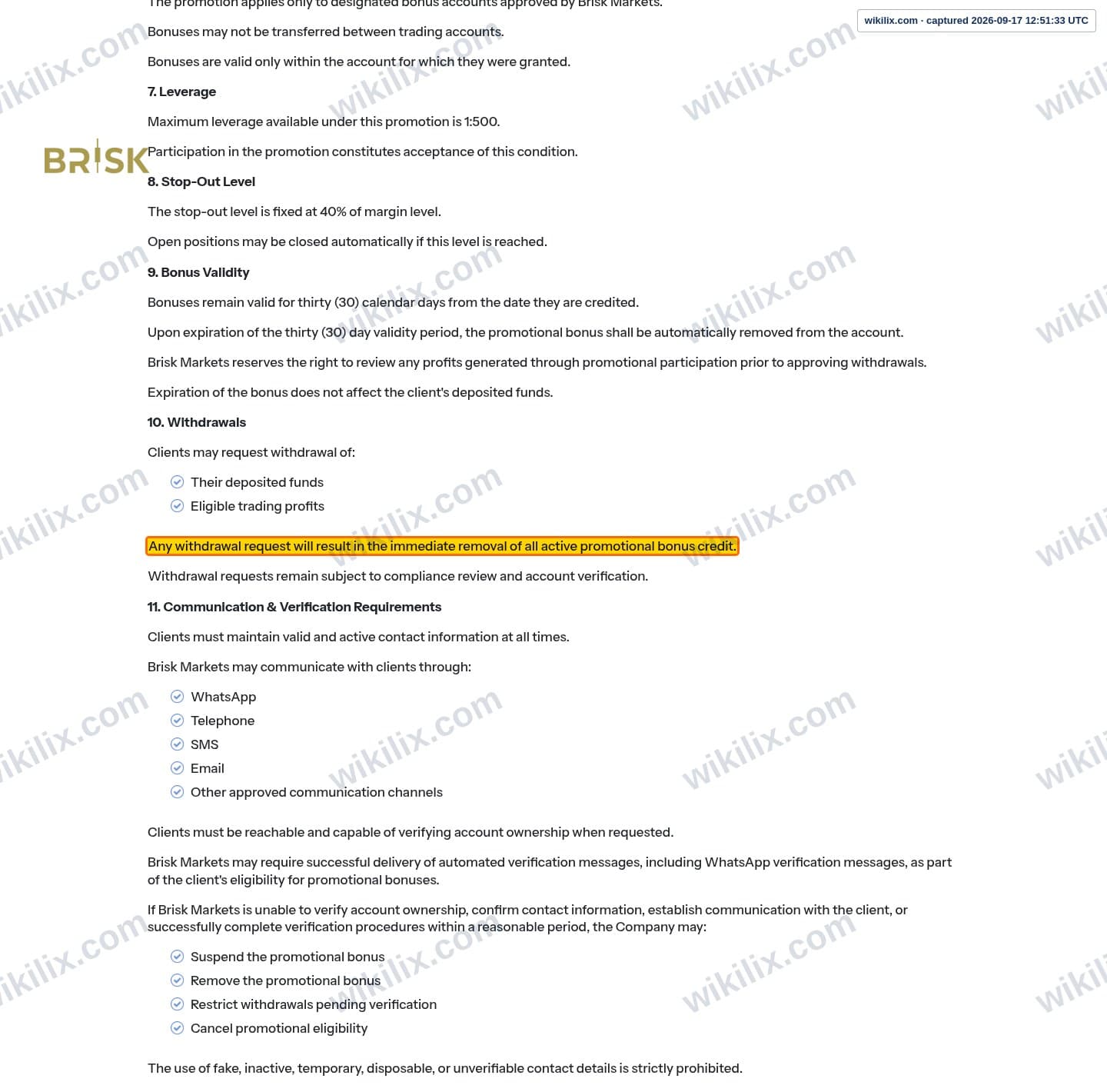 Our full page screenshot of the page this clause sits on, on Brisk Markets's site briskmarkets.com, taken on Sep 17, 2026. The quoted words are marked in the image.