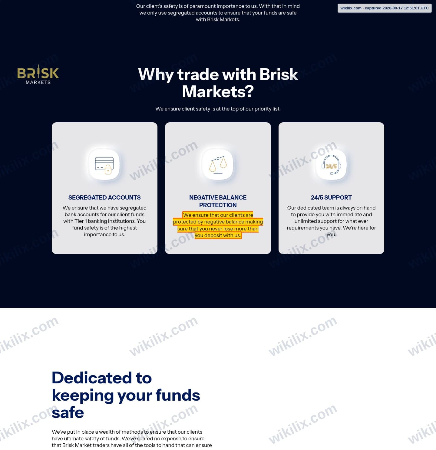 Our full page screenshot of the page that makes this promise, on Brisk Markets's site briskmarkets.com, taken on Sep 17, 2026. The quoted words are marked in the image.