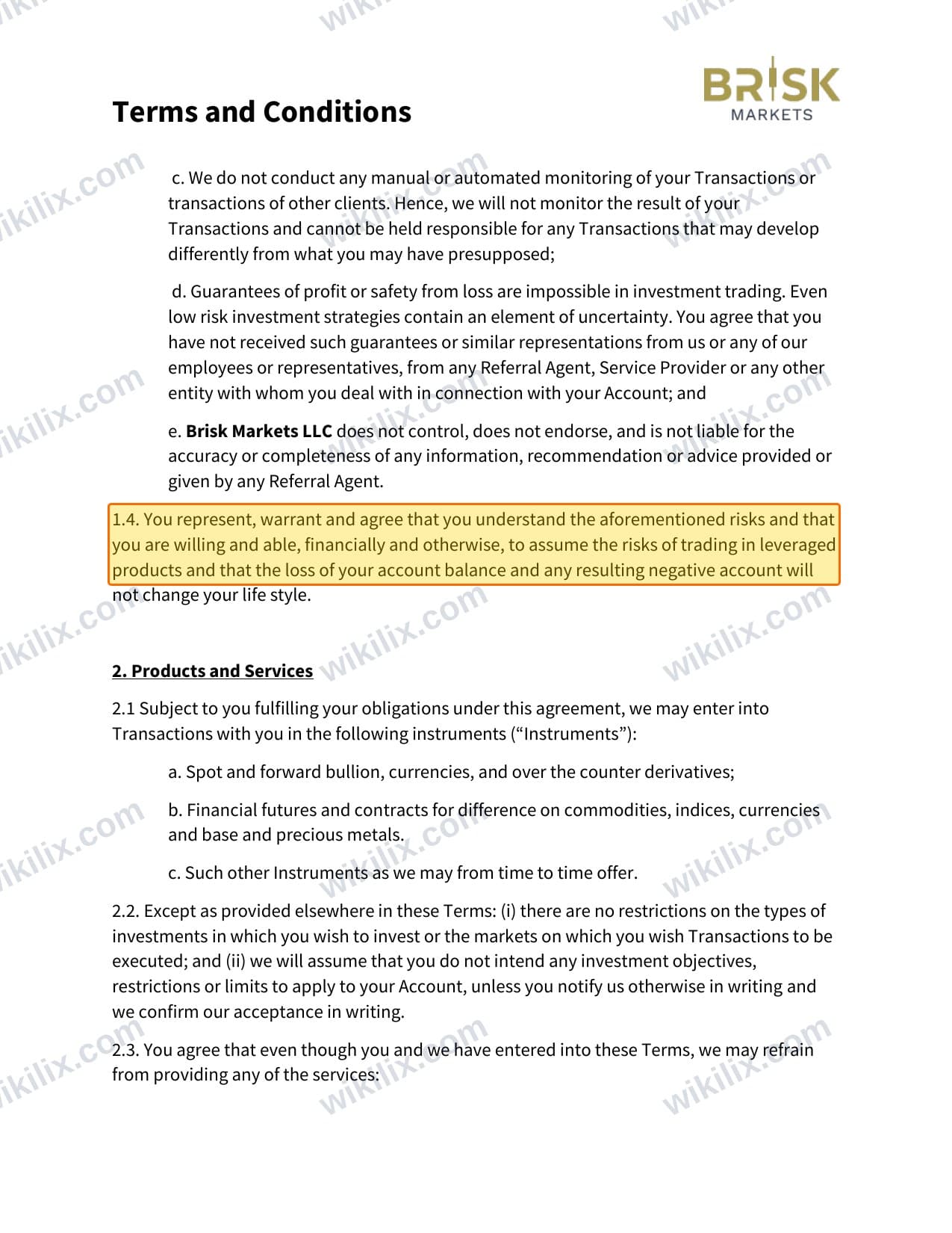 Our full page screenshot of the page this clause sits on, on Brisk Markets's site briskmarkets.com, taken on Sep 17, 2026. The quoted words are marked in the image.