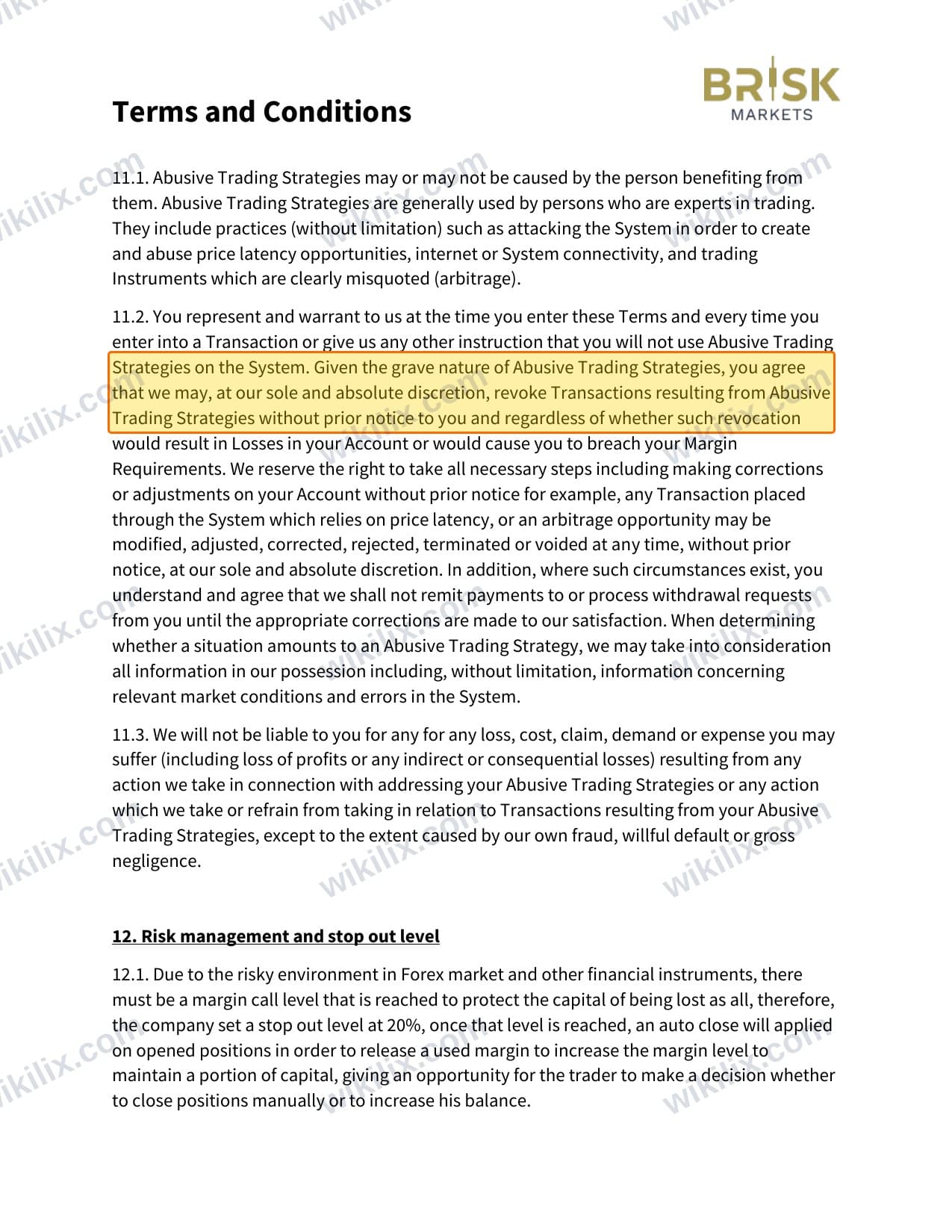 Our full page screenshot of the page this clause sits on, on Brisk Markets's site briskmarkets.com, taken on Sep 17, 2026. The quoted words are marked in the image.