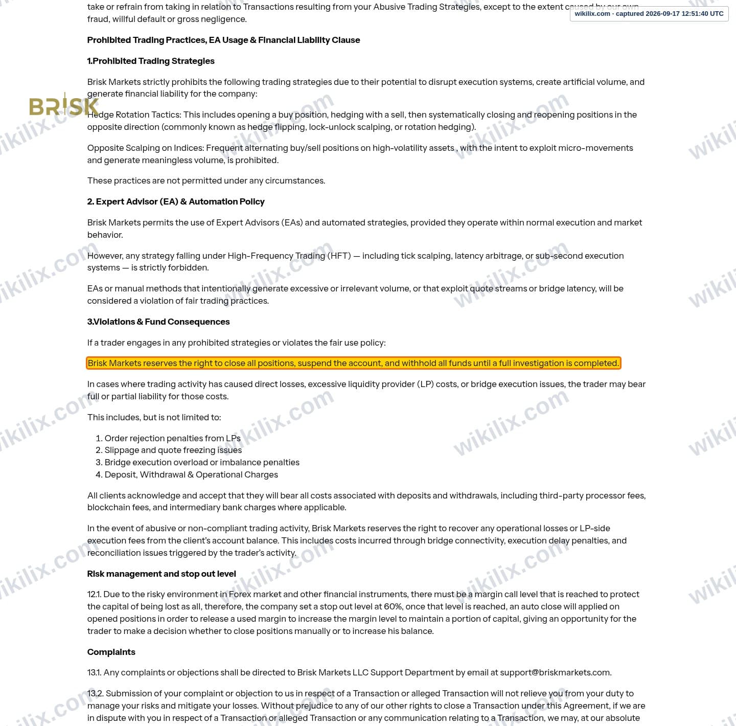 Our full page screenshot of the page this clause sits on, on Brisk Markets's site briskmarkets.com, taken on Sep 17, 2026. The quoted words are marked in the image.
