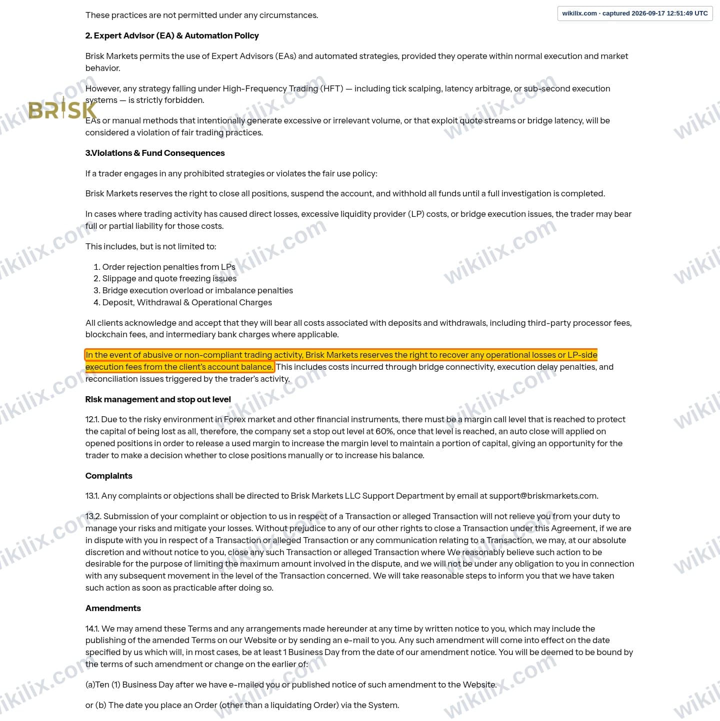 Our full page screenshot of the page this clause sits on, on Brisk Markets's site briskmarkets.com, taken on Sep 17, 2026. The quoted words are marked in the image.