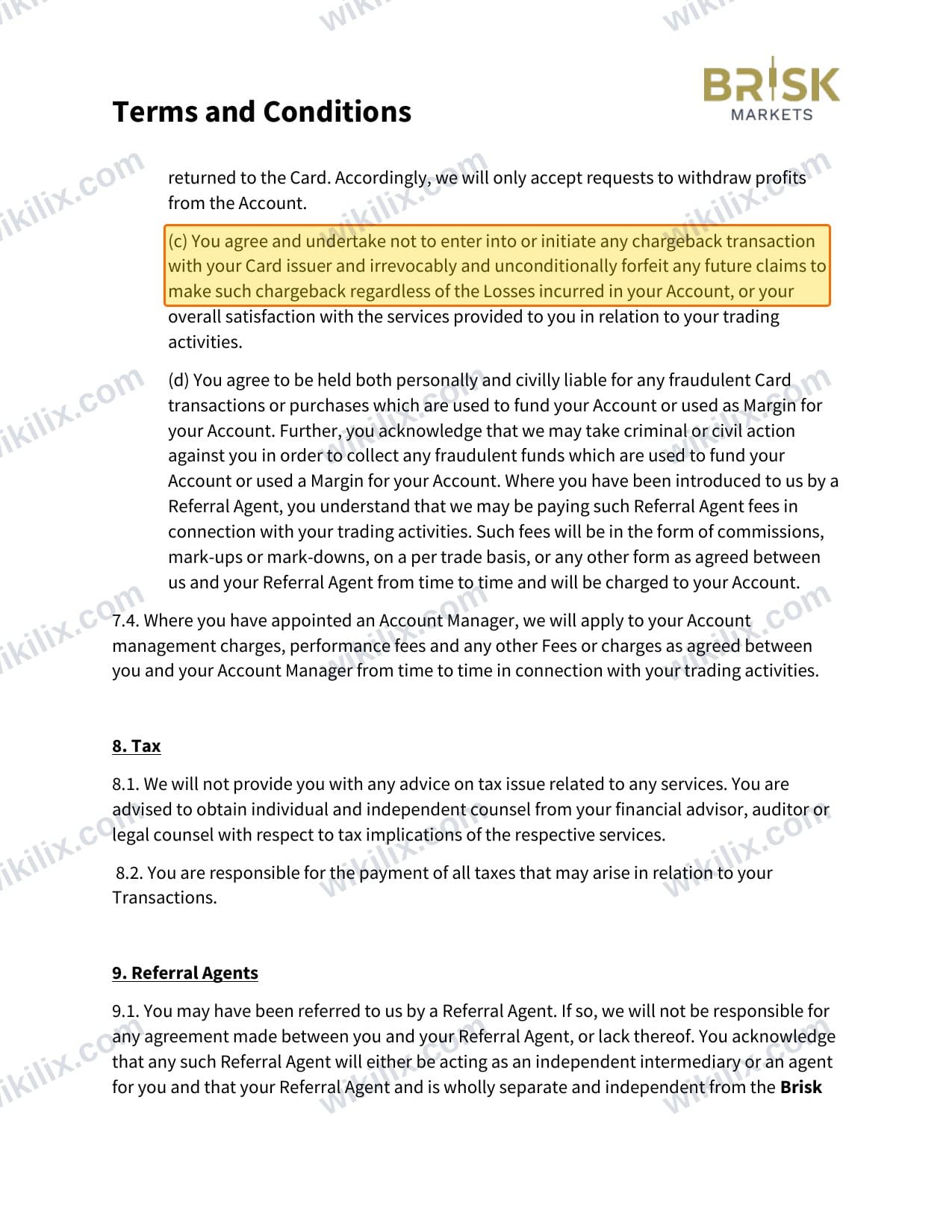 Our full page screenshot of the page this clause sits on, on Brisk Markets's site briskmarkets.com, taken on Sep 17, 2026. The quoted words are marked in the image.