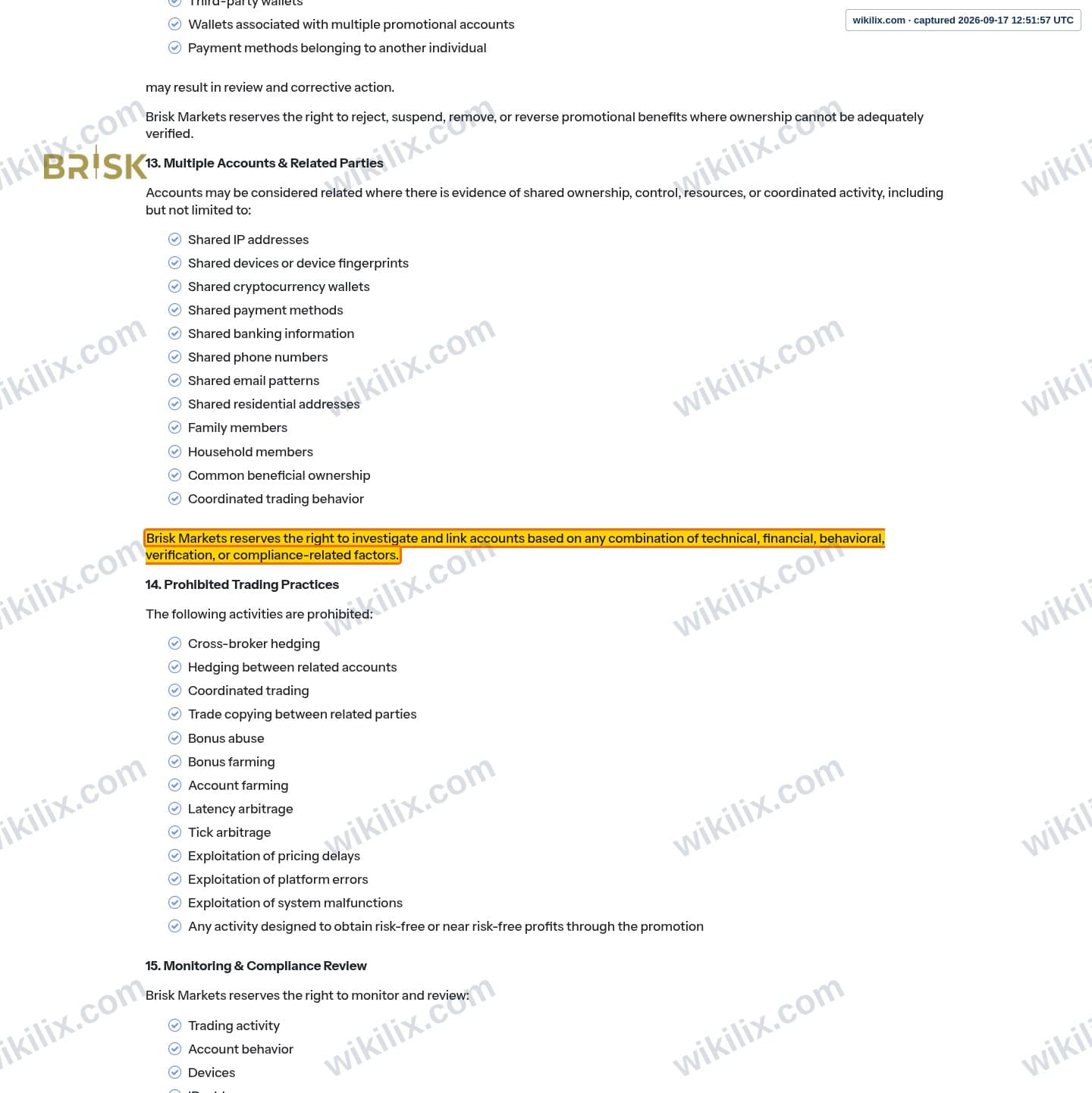 Our full page screenshot of the page this clause sits on, on Brisk Markets's site briskmarkets.com, taken on Sep 17, 2026. The quoted words are marked in the image.