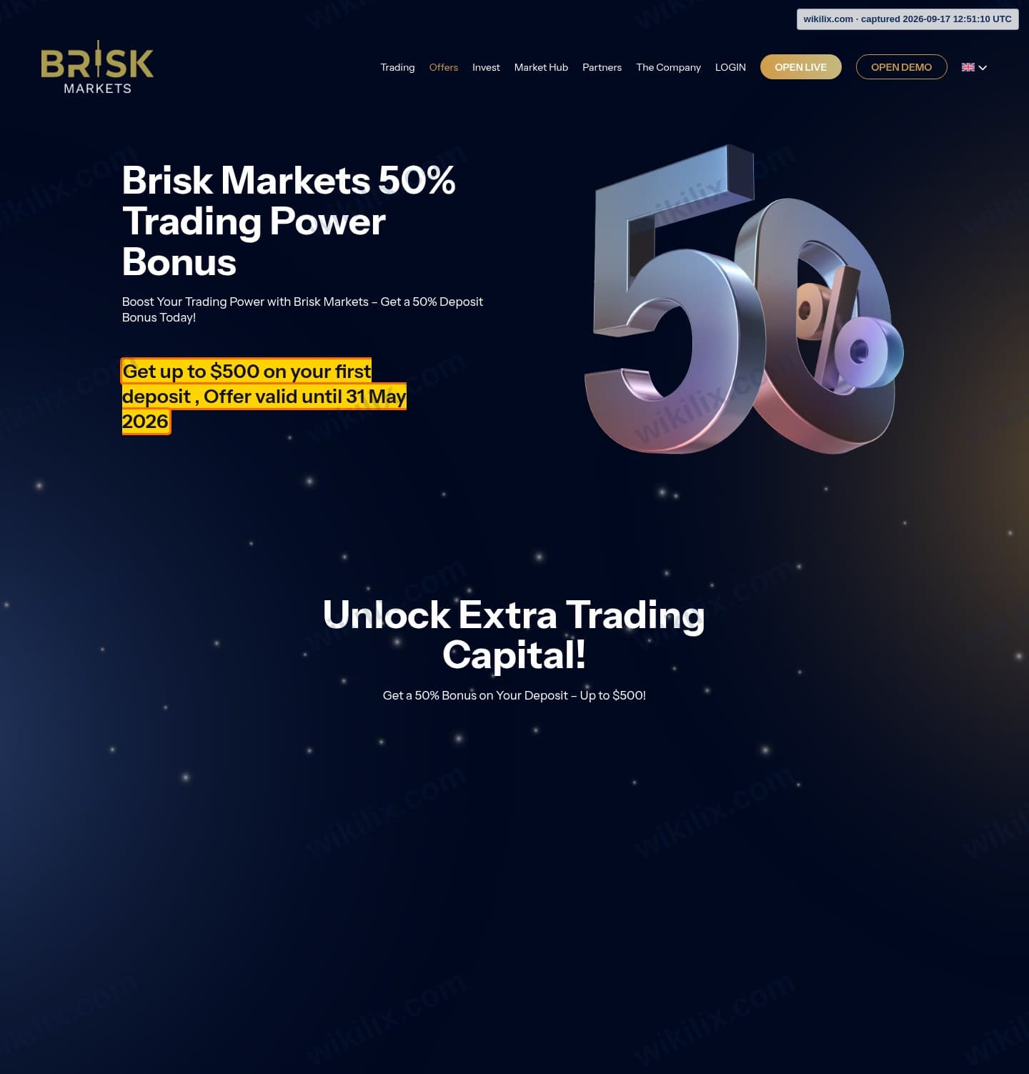 Our full page screenshot of the page that makes this promise, on Brisk Markets's site briskmarkets.com, taken on Sep 17, 2026. The quoted words are marked in the image.