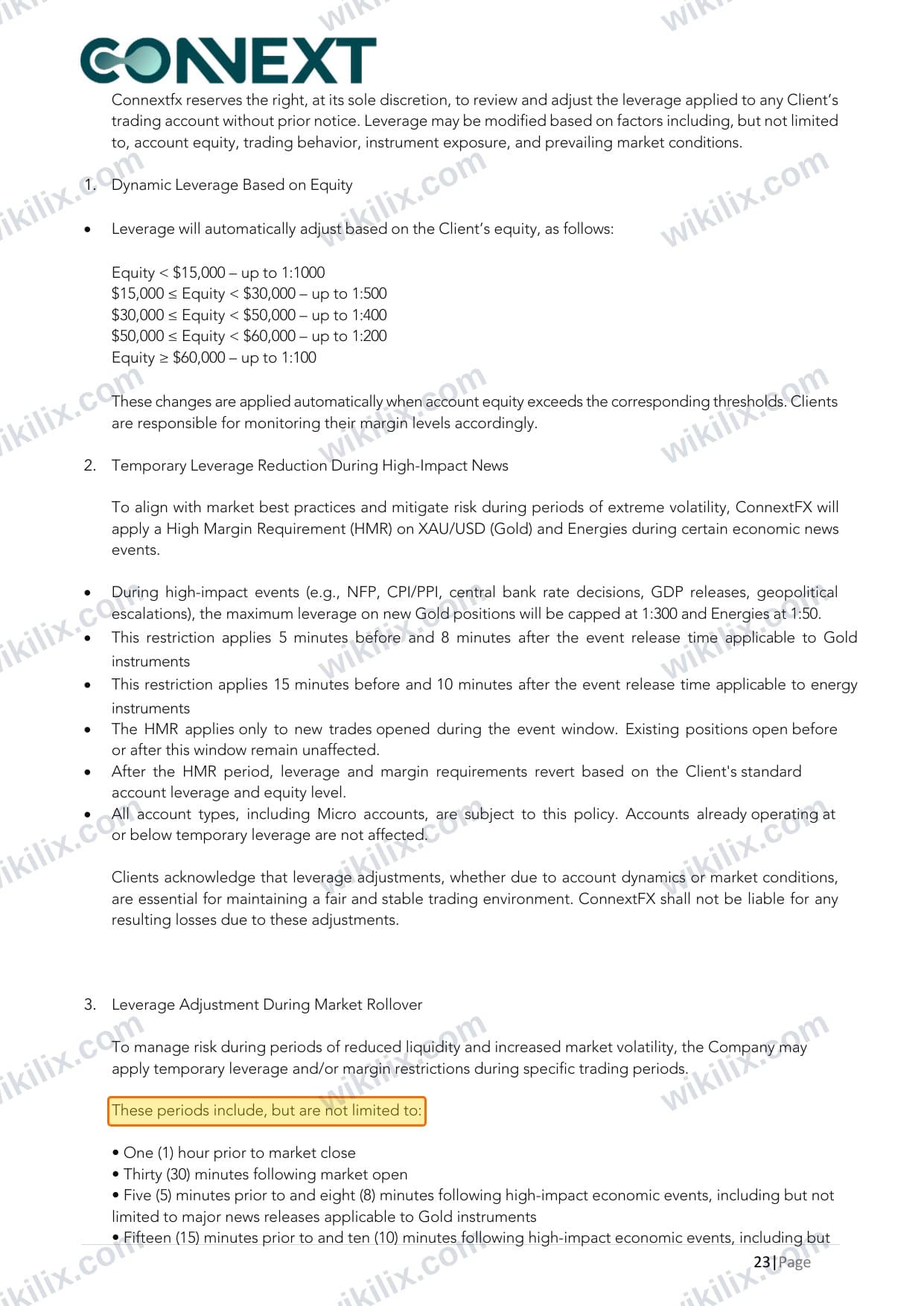 Our full page screenshot of the page this clause sits on, on Connext's site cms.connextfx.com, taken on Aug 26, 2026. The quoted words are marked in the image.