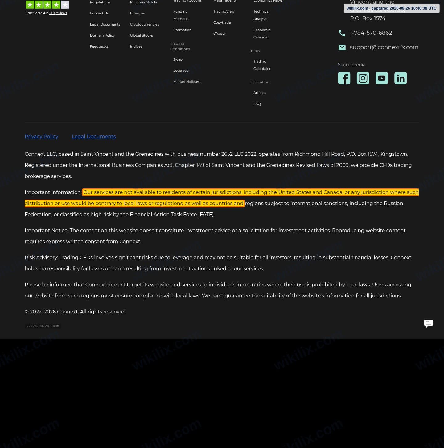 Our full page screenshot of the page that makes this promise, on Connext's site global.connextfx.com, taken on Aug 26, 2026. The quoted words are marked in the image.