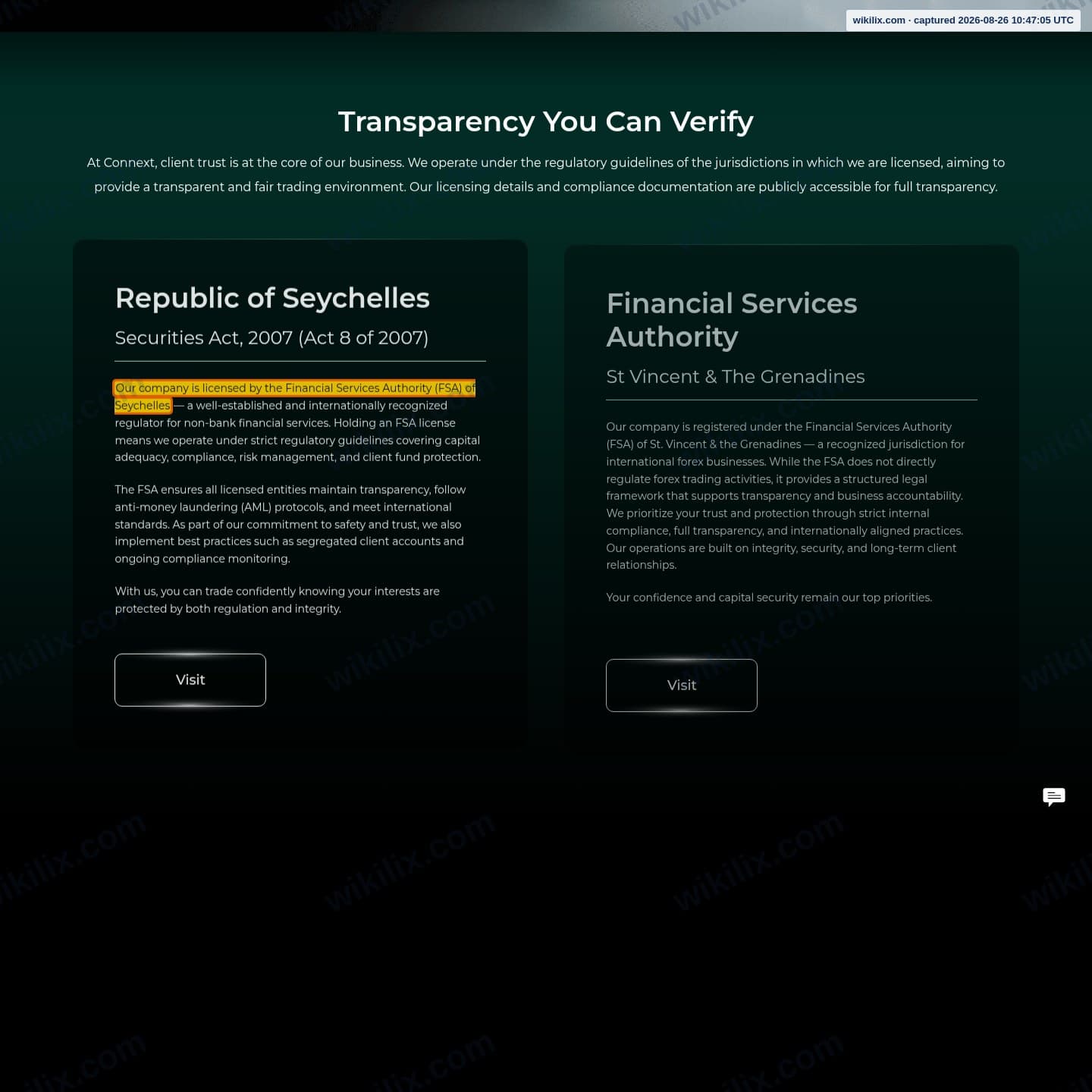 Our full page screenshot of the page that makes this promise, on Connext's site global.connextfx.com, taken on Aug 26, 2026. The quoted words are marked in the image.