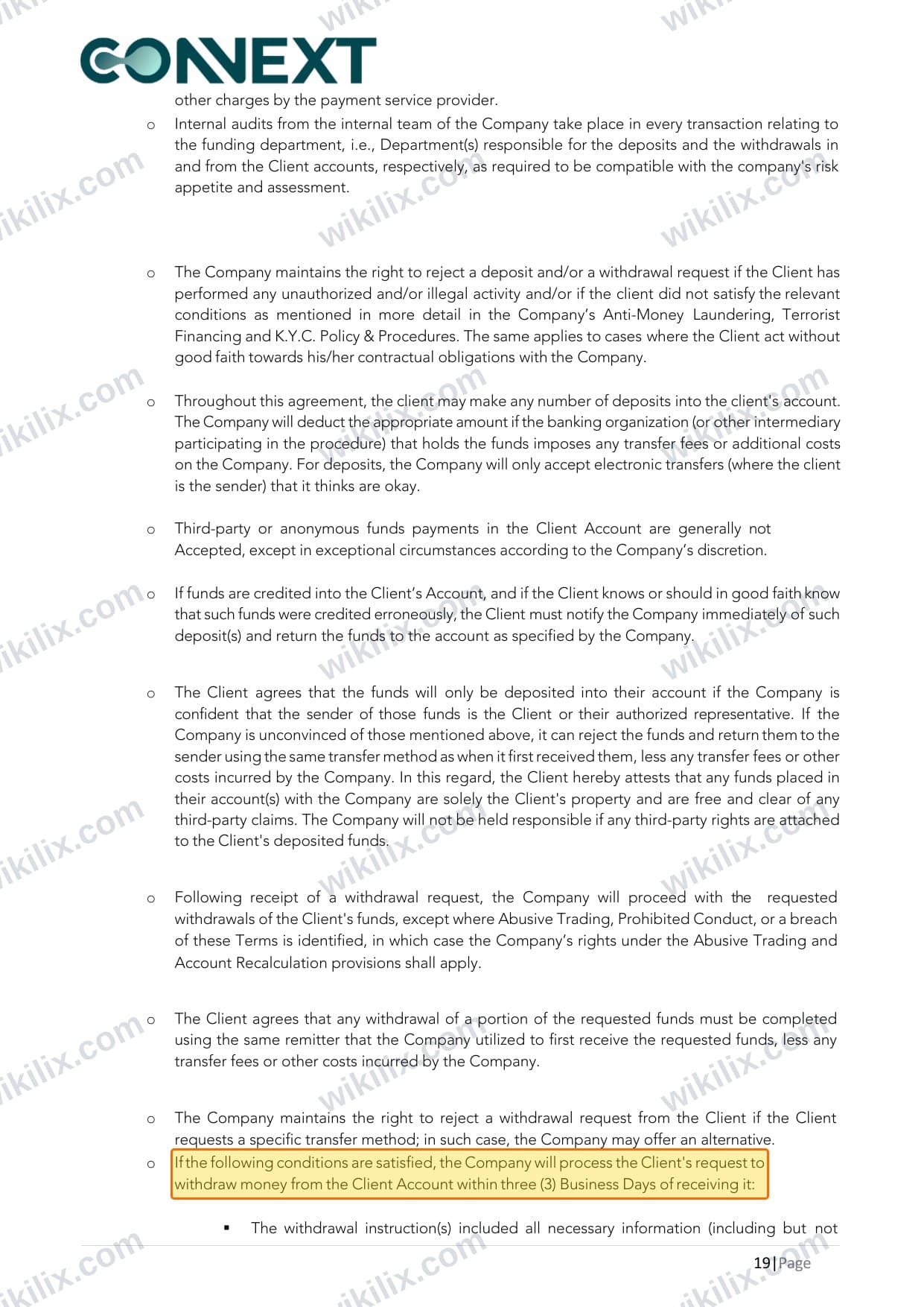 Our full page screenshot of the page this clause sits on, on Connext's site cms.connextfx.com, taken on Aug 26, 2026. The quoted words are marked in the image.