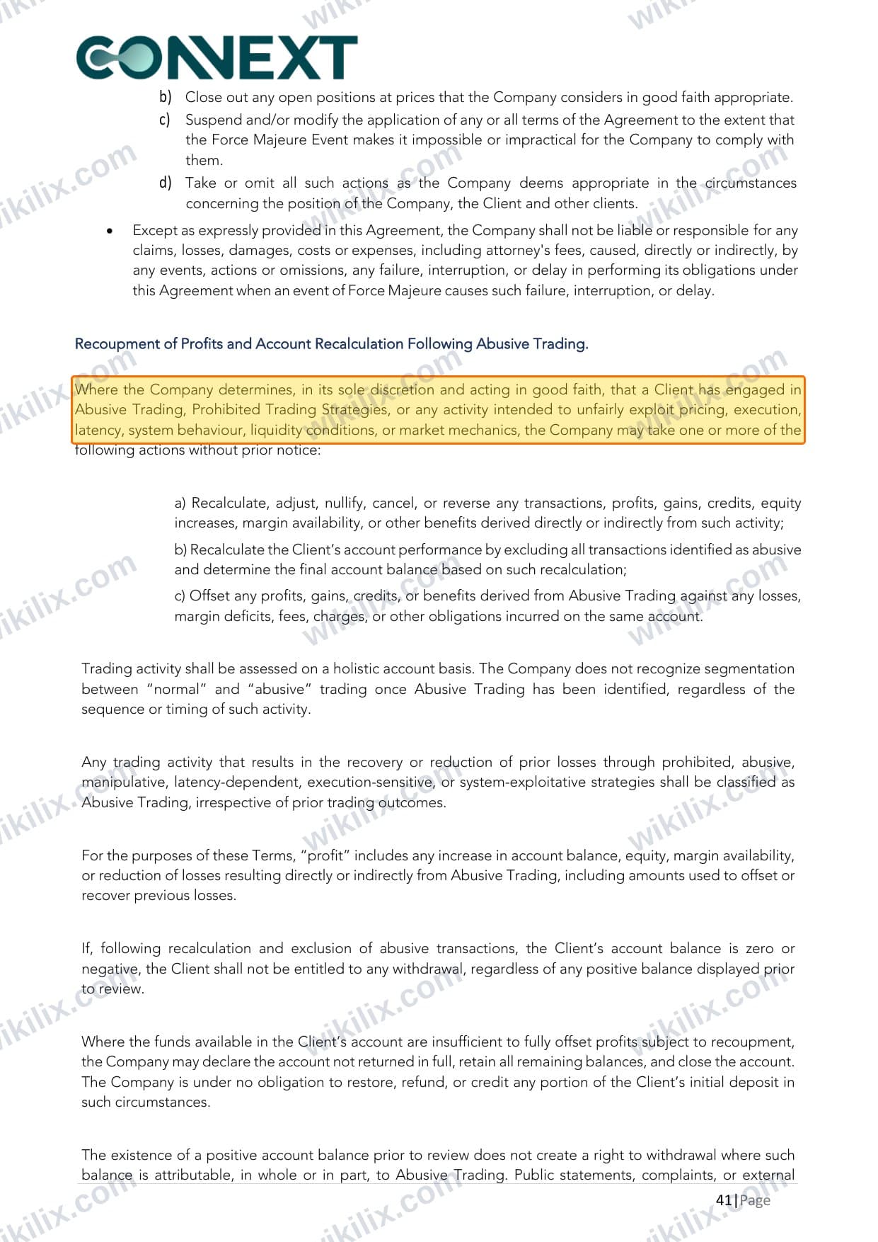 Our full page screenshot of the page this clause sits on, on Connext's site cms.connextfx.com, taken on Aug 26, 2026. The quoted words are marked in the image.