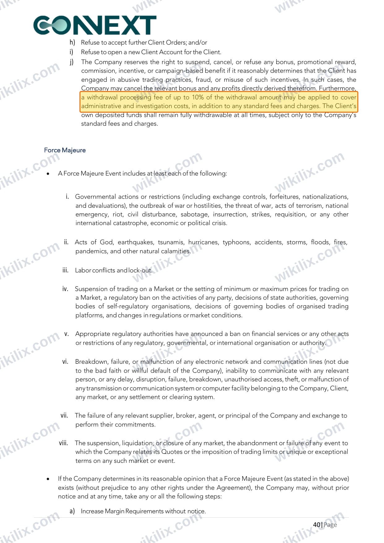 Our full page screenshot of the page this clause sits on, on Connext's site cms.connextfx.com, taken on Aug 26, 2026. The quoted words are marked in the image.