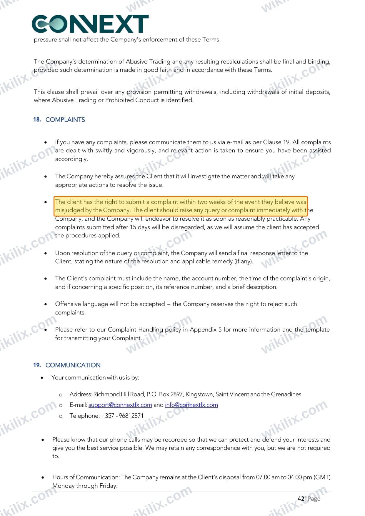 Our full page screenshot of the page this clause sits on, on Connext's site cms.connextfx.com, taken on Aug 26, 2026. The quoted words are marked in the image.
