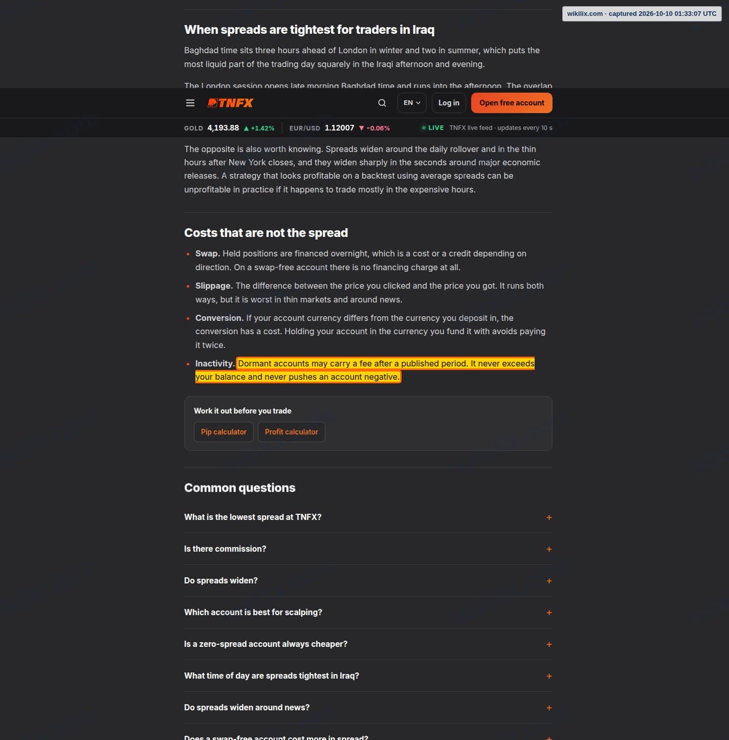 Our full page screenshot of the page that makes this promise, on TNFX's site tnfx.co, taken on Oct 10, 2026. The quoted words are marked in the image.