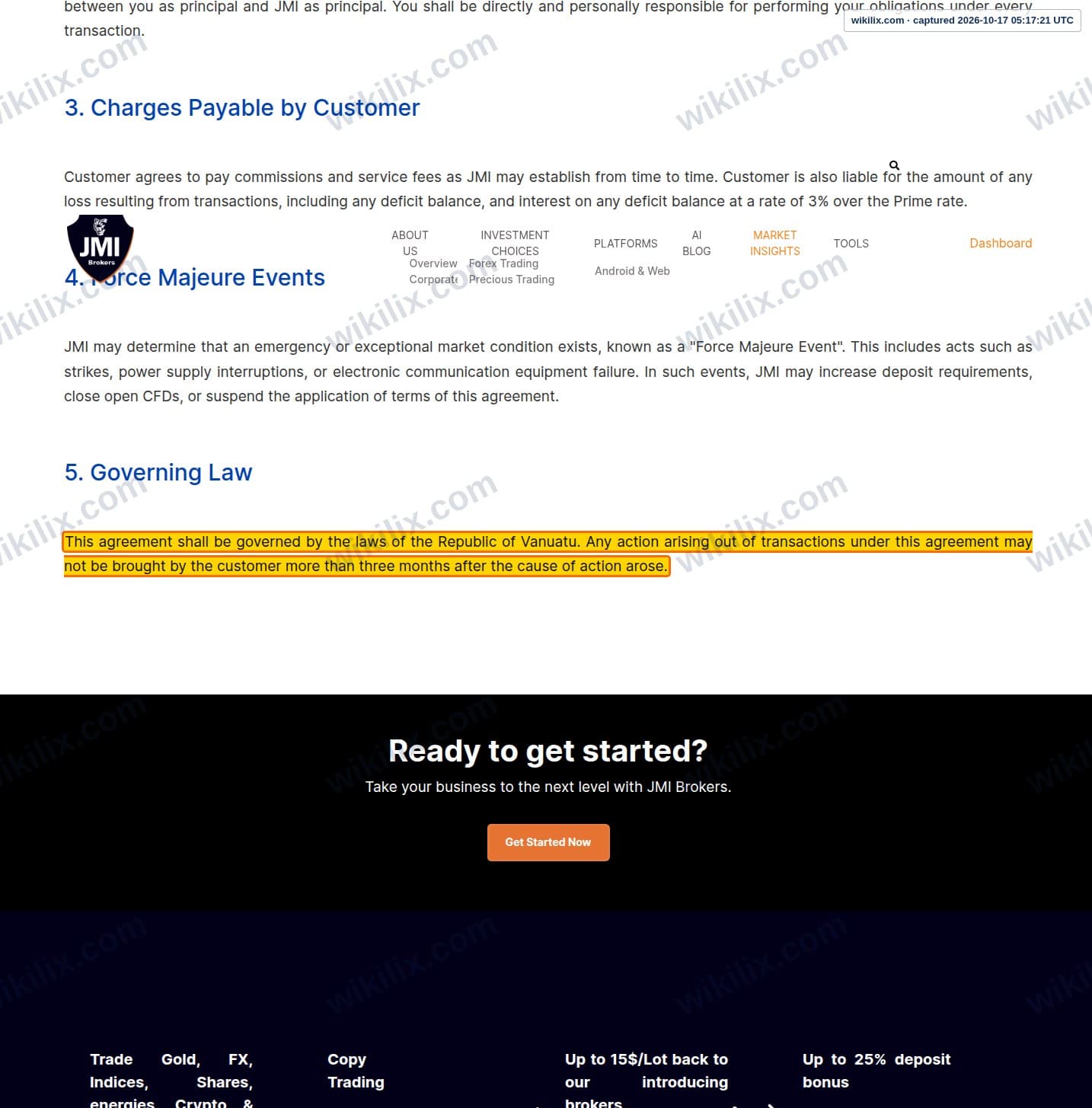 Our full page screenshot of the page this clause sits on, on JMI Brokers's site jmibrokers.com, taken on Oct 17, 2026. The quoted words are marked in the image.