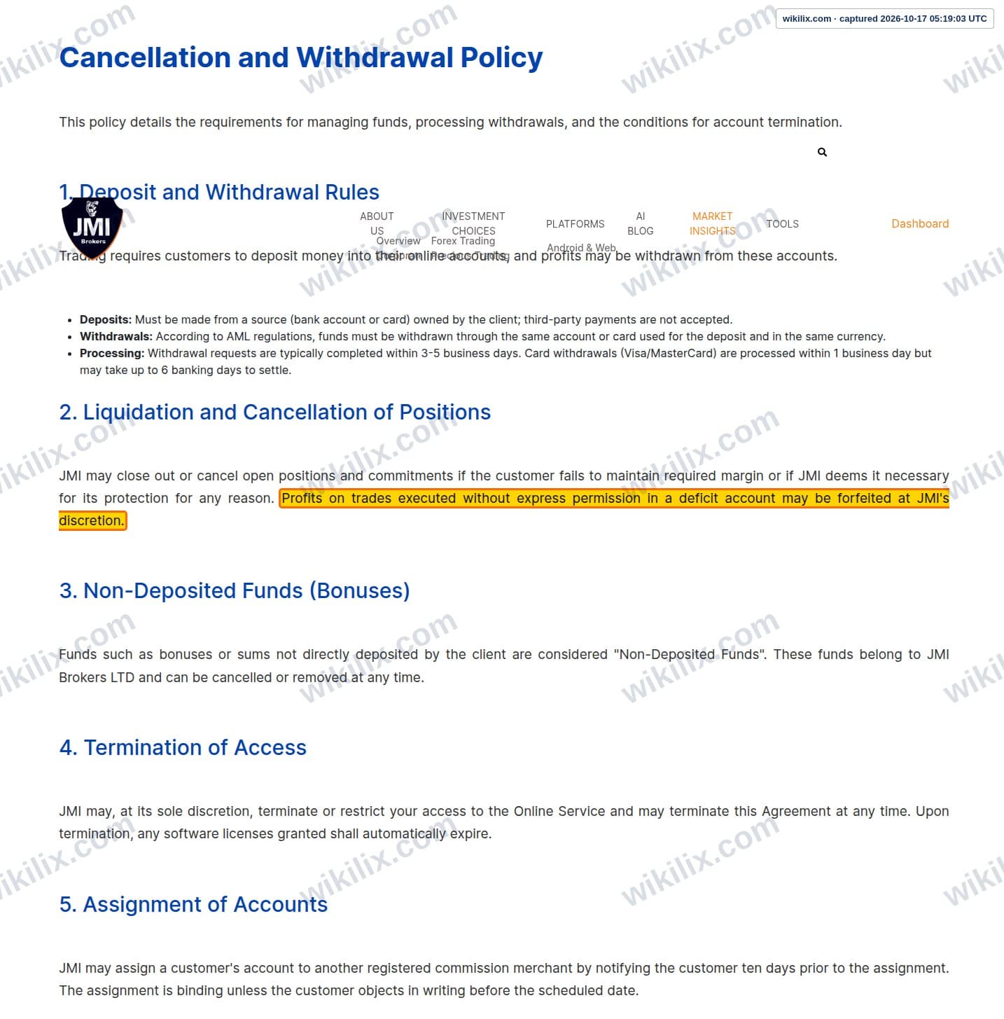 Our full page screenshot of the page this clause sits on, on JMI Brokers's site jmibrokers.com, taken on Oct 17, 2026. The quoted words are marked in the image.