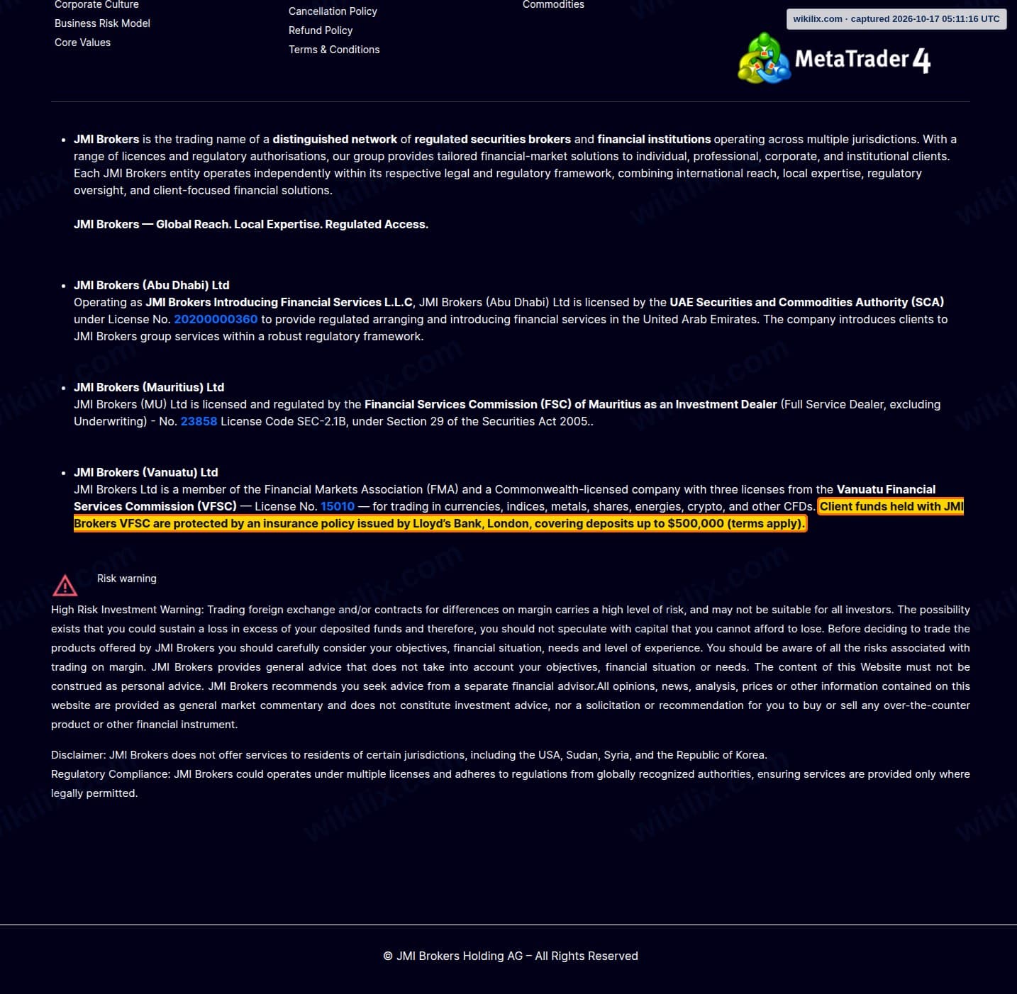 Our full page screenshot of the page this clause sits on, on JMI Brokers's site jmibrokers.com, taken on Oct 17, 2026. The quoted words are marked in the image.