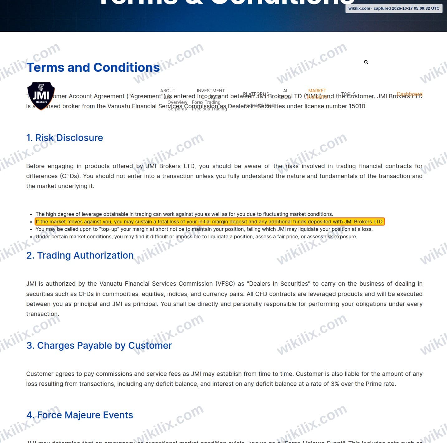 Our full page screenshot of the page this clause sits on, on JMI Brokers's site jmibrokers.com, taken on Oct 17, 2026. The quoted words are marked in the image.
