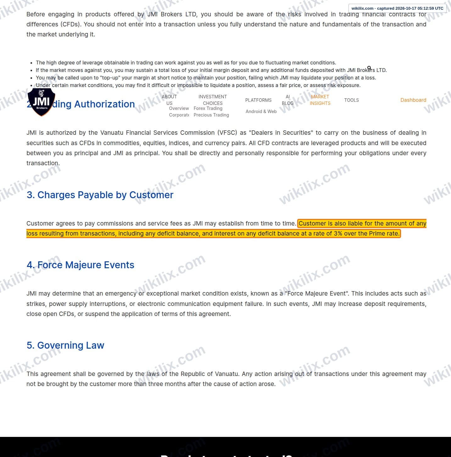 Our full page screenshot of the page this clause sits on, on JMI Brokers's site jmibrokers.com, taken on Oct 17, 2026. The quoted words are marked in the image.