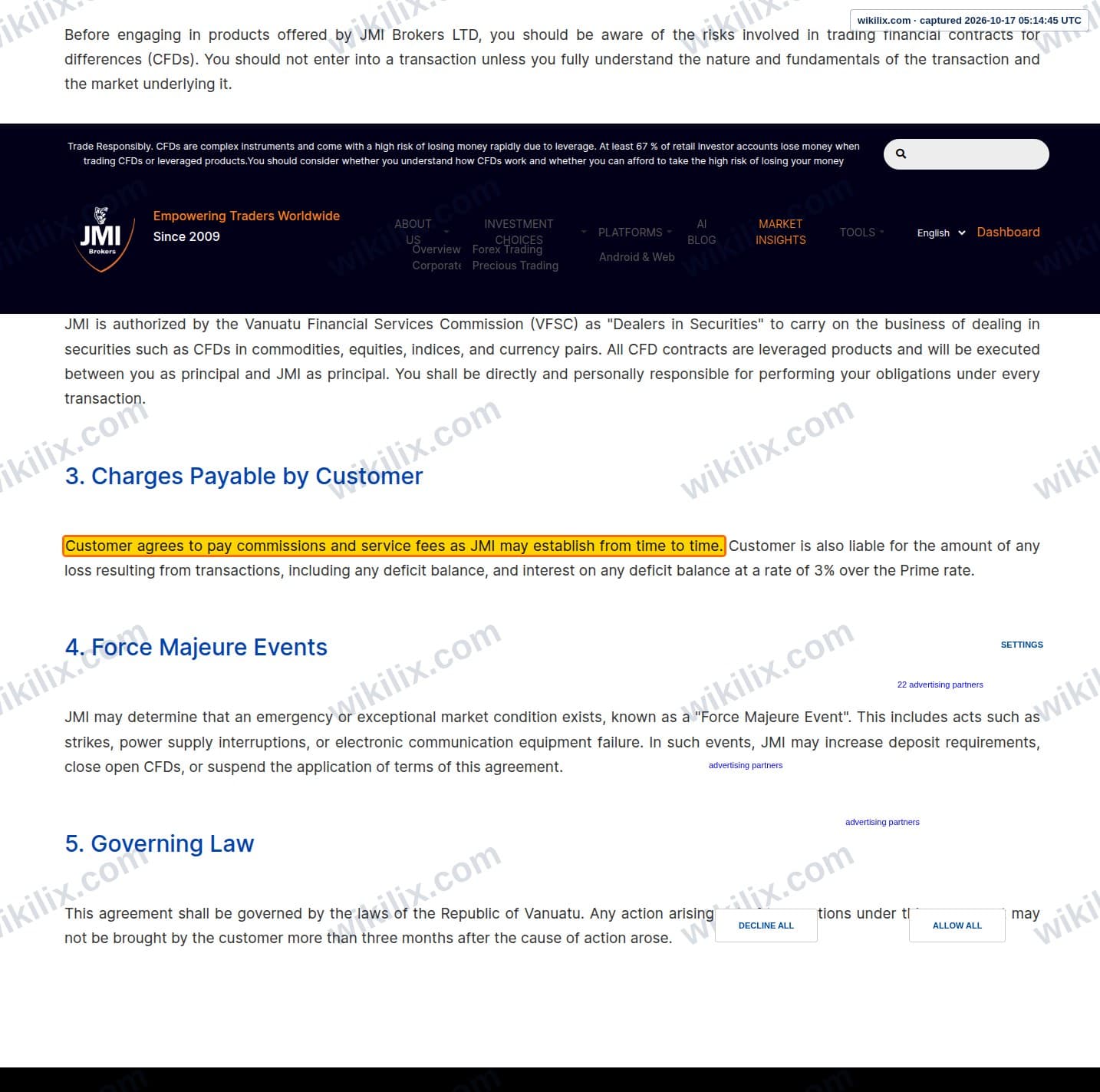 Our full page screenshot of the page this clause sits on, on JMI Brokers's site jmibrokers.com, taken on Oct 17, 2026. The quoted words are marked in the image.